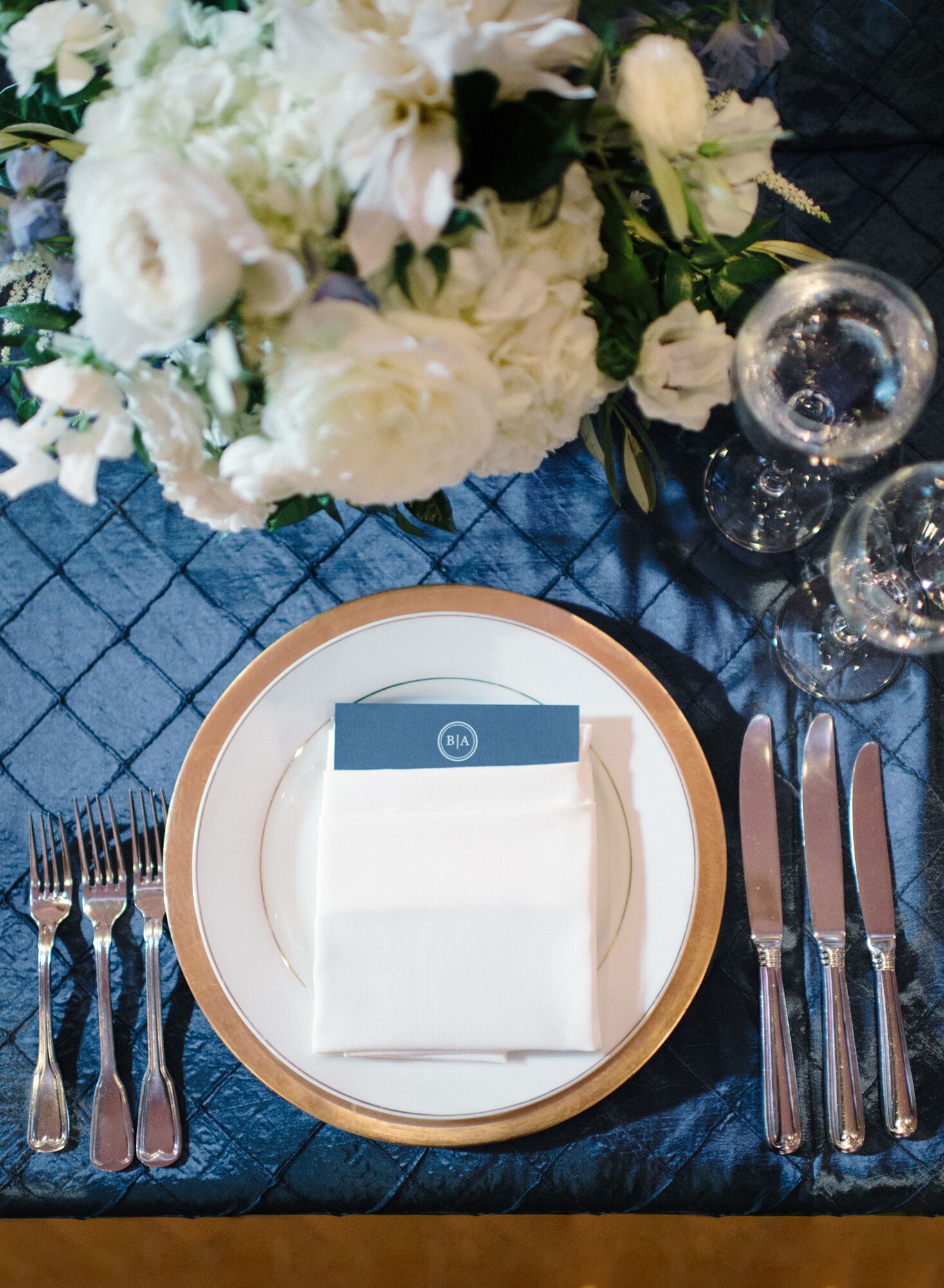 Formal Gold Charger on Blue Tablecloth