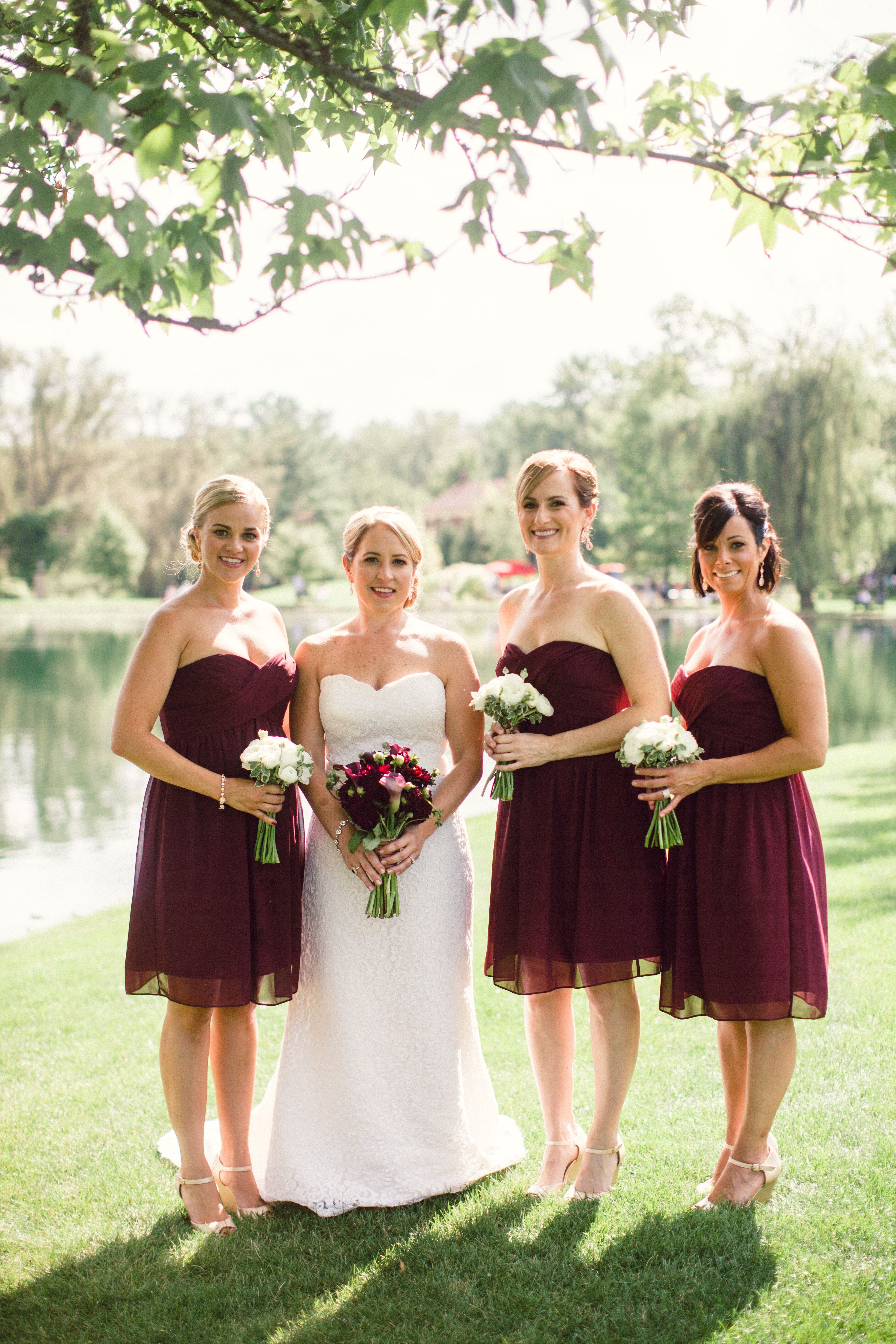 Wine Bridesmaid Dresses with Matching Bouquets