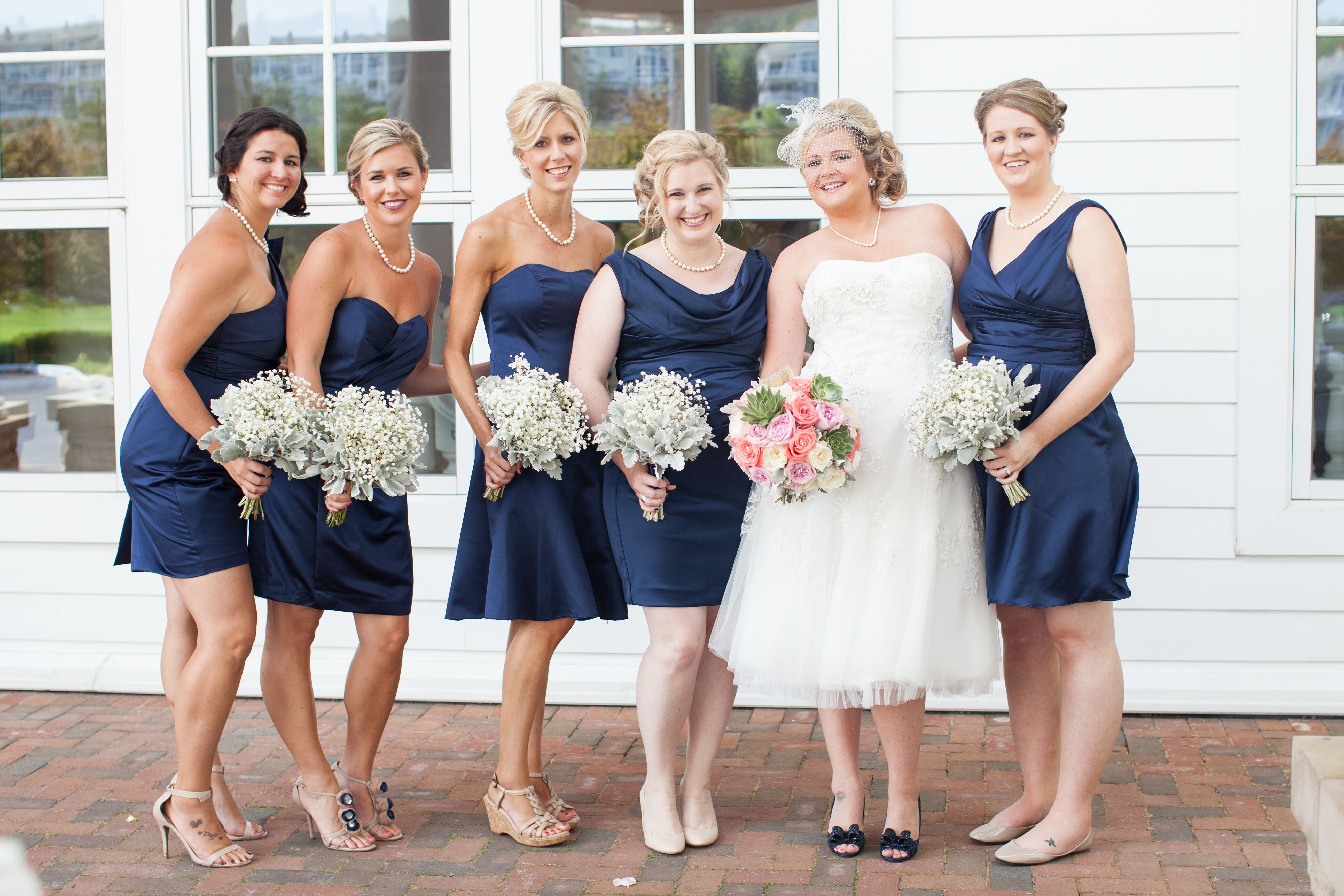 Short Navy Mismatched Bridesmaid Dresses with Pearls and Baby s