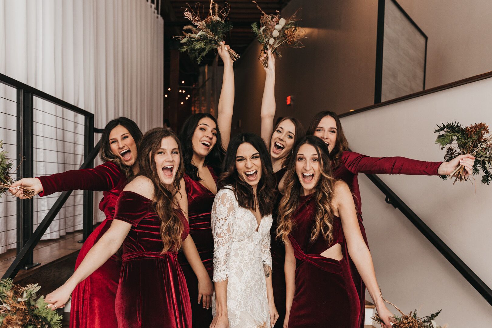 Bride and Bridesmaids in Red Dresses