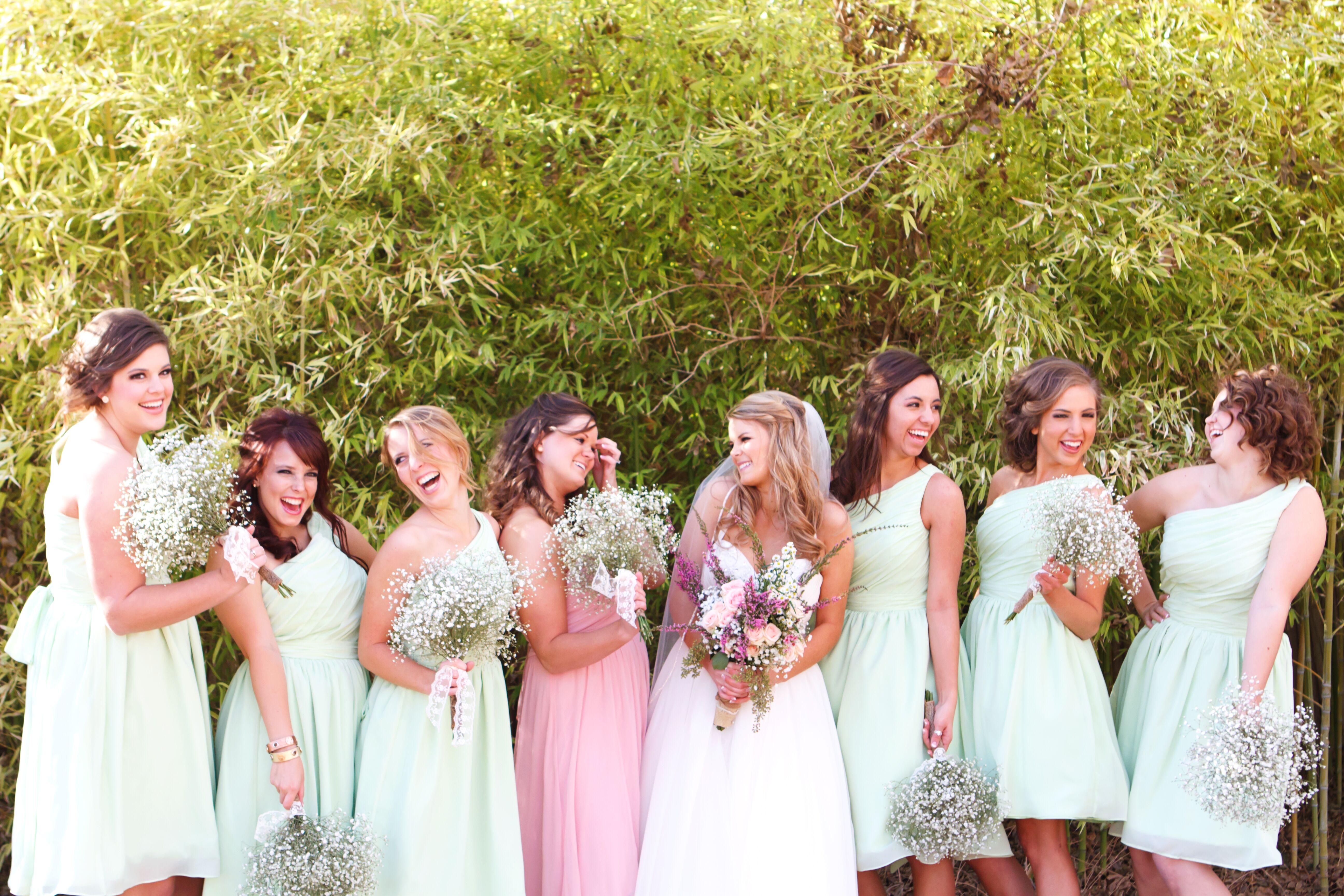 Mint green and on sale pink bridesmaid dresses