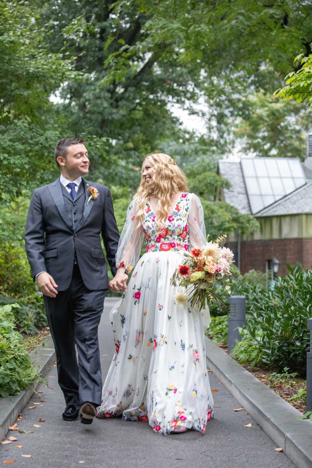 Classic Groom and Bride with Colorful Floral Wedding Dress