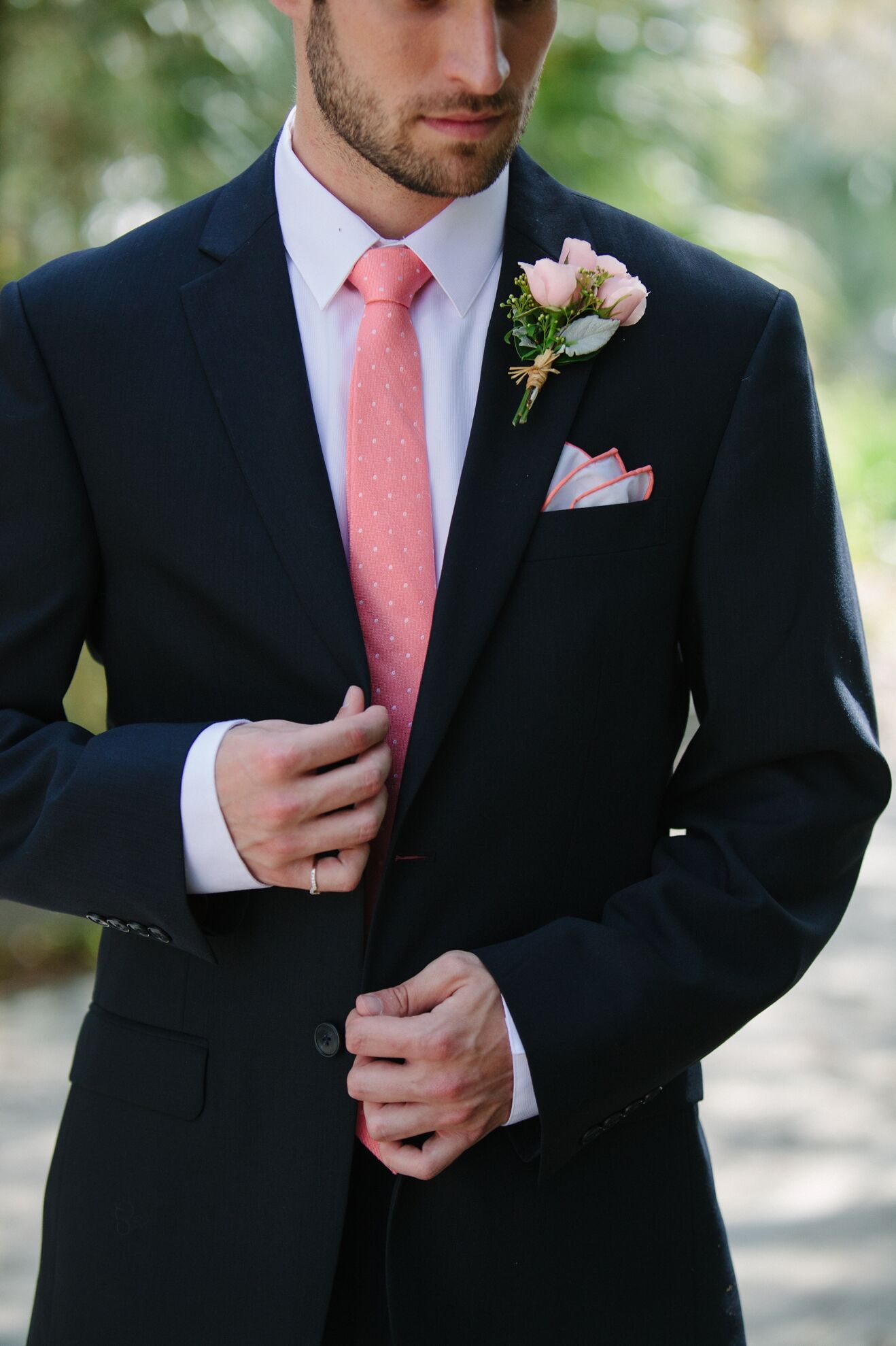 Navy Groomsmen Suit and Pink Polka Dot Tie