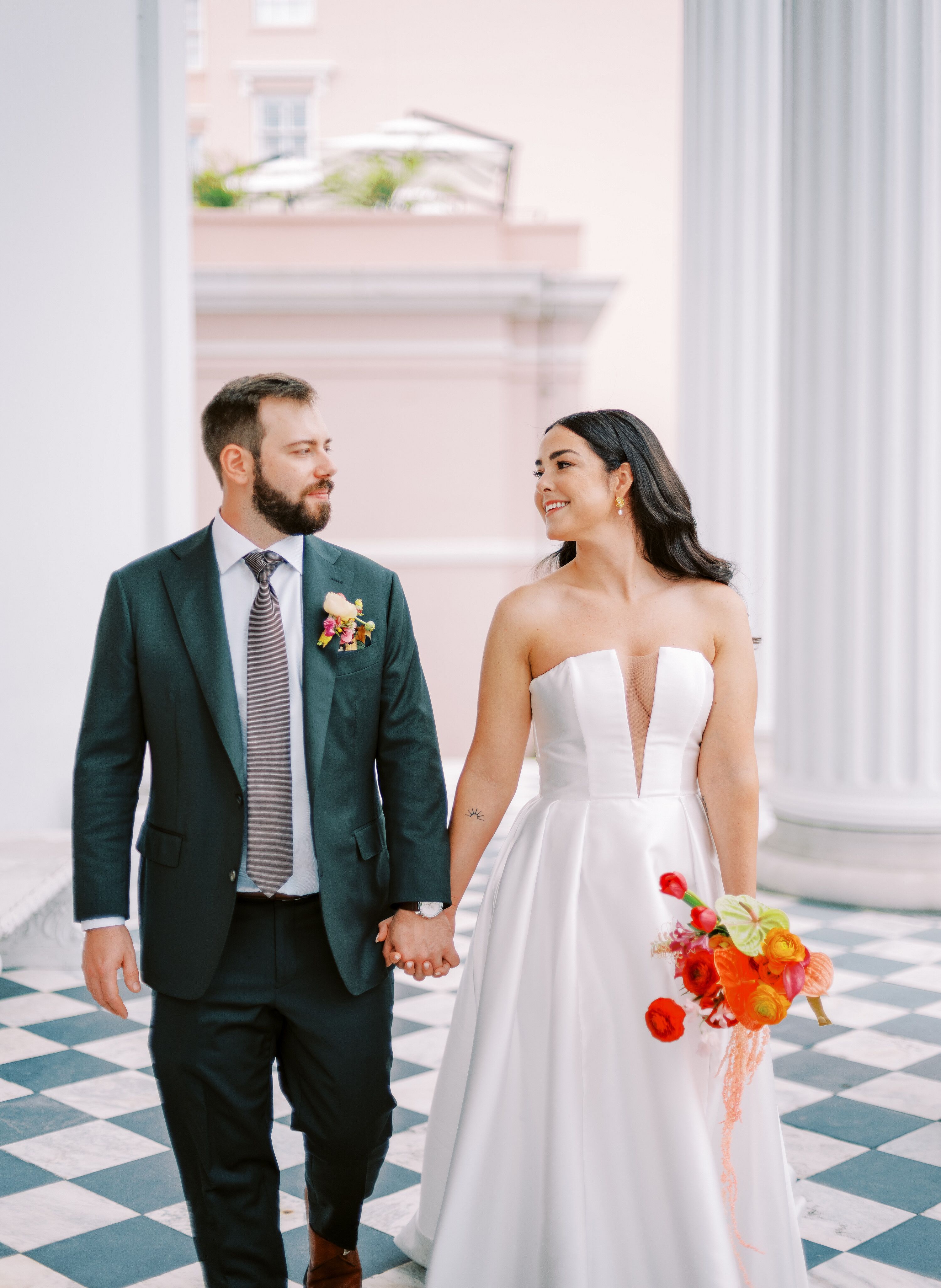 Groom in Deep Olive Suit, Bride in A-Line Dress, Deep V-Neckline ...