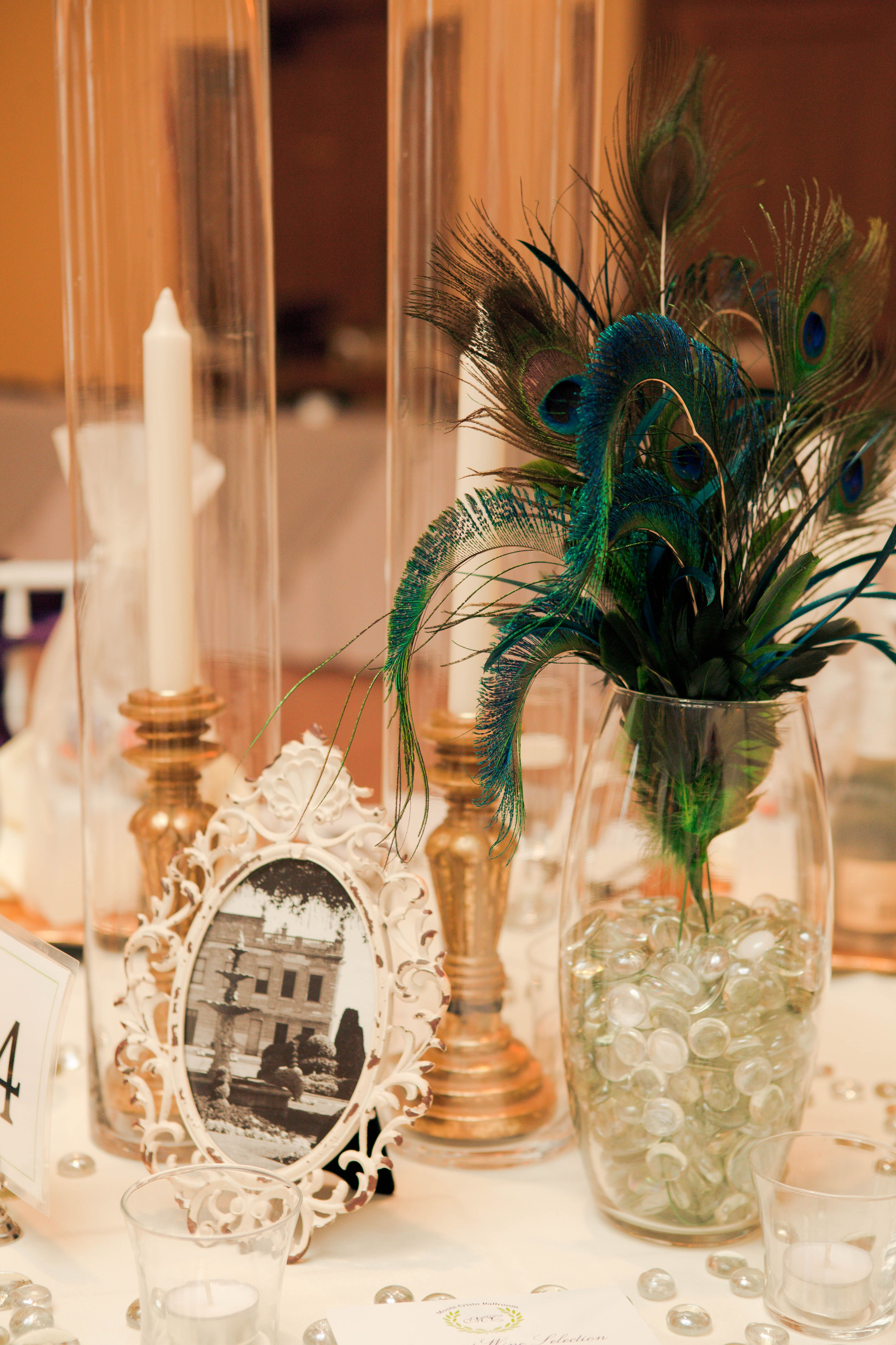 Peacock Feather Centerpiece and Candles