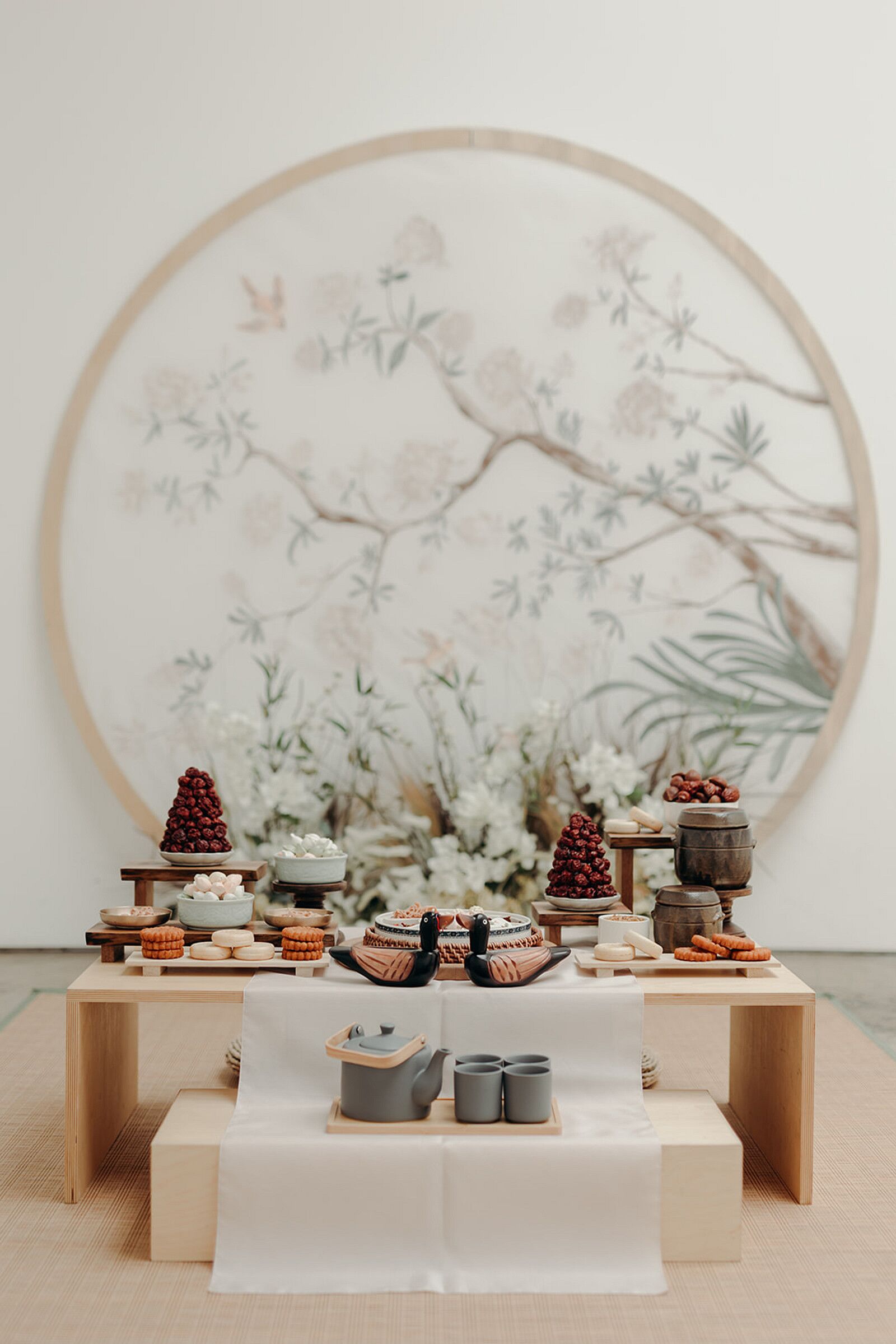Traditional Korean Paebaek Tea Ceremony Space With Food, Tea and Hand ...