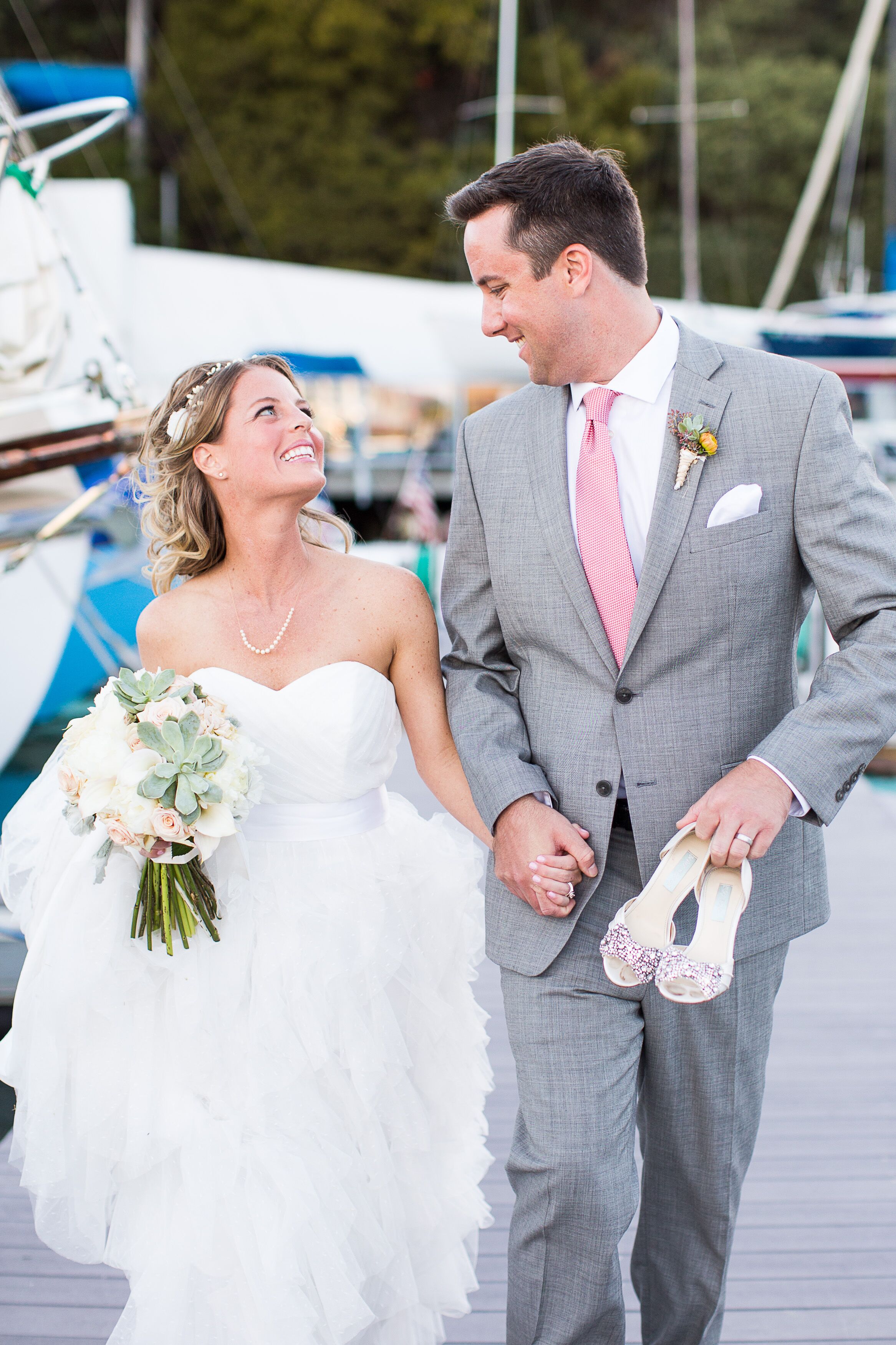 Grey and store pink suit wedding