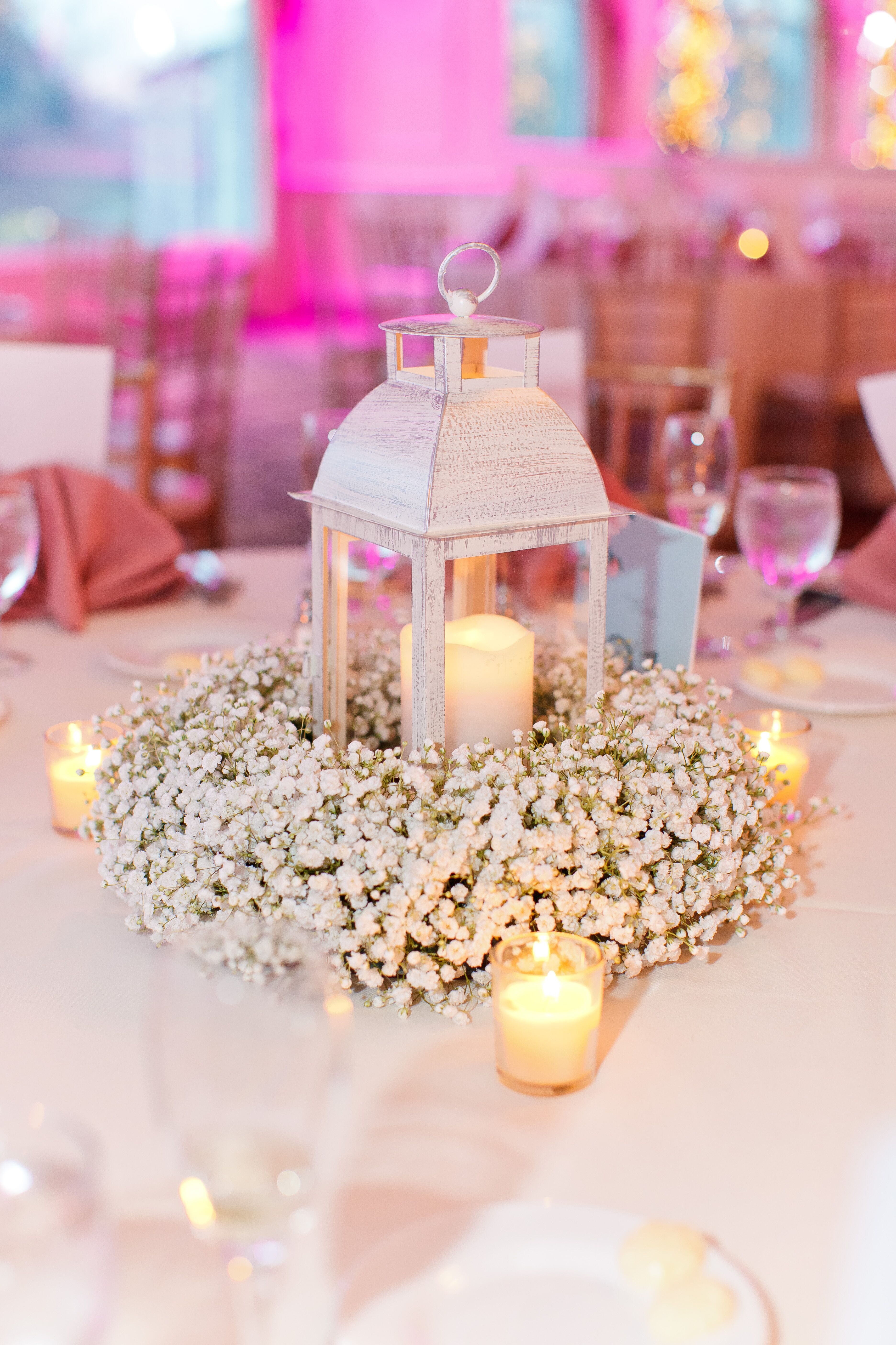 Baby's Breath Wreath Centerpiece with Lantern and Candles