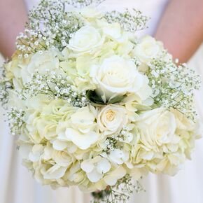 Blue and Yellow Hydrangea, Rose and Baby's Breath Bouquet