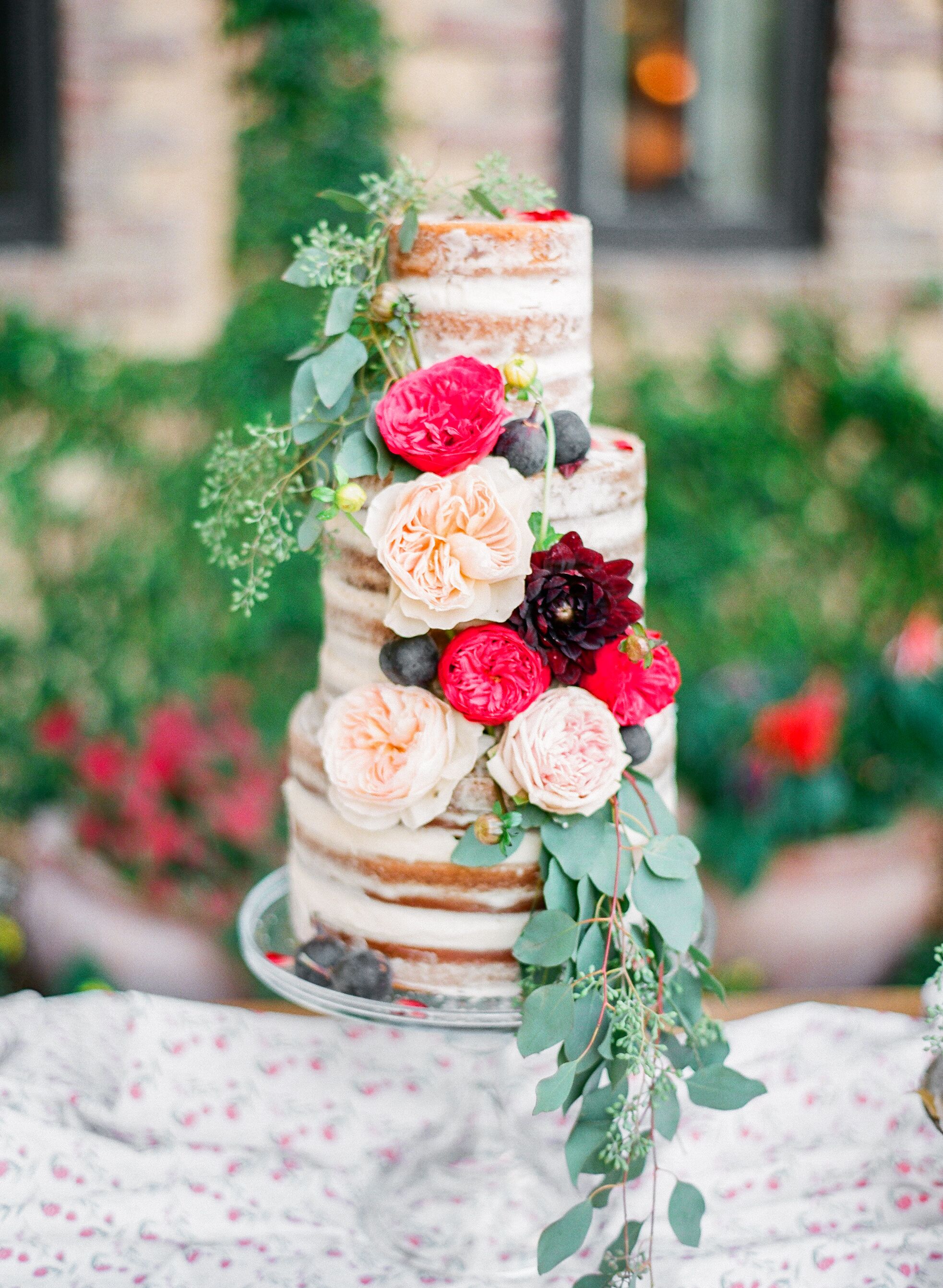 Garden Rose And Dahlia Naked Wedding Cake