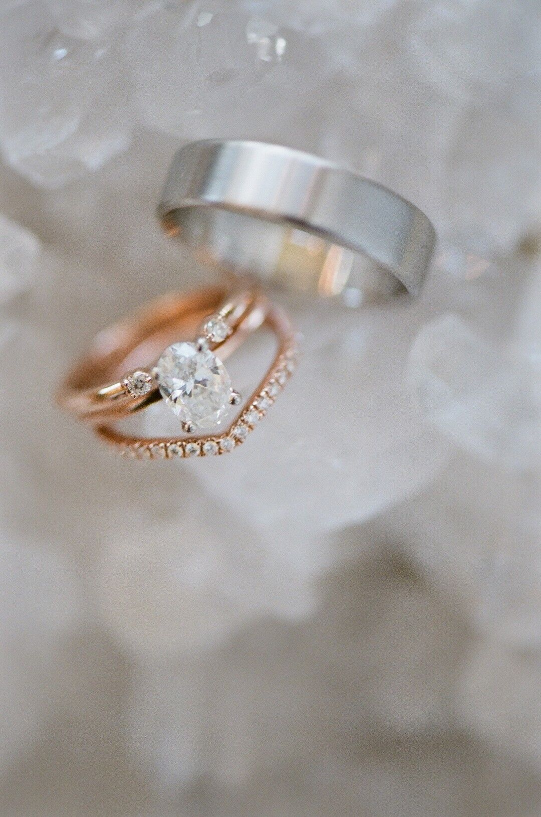 Romantic Rose Gold Solitaire Engagement Ring and Platinum Wedding Band