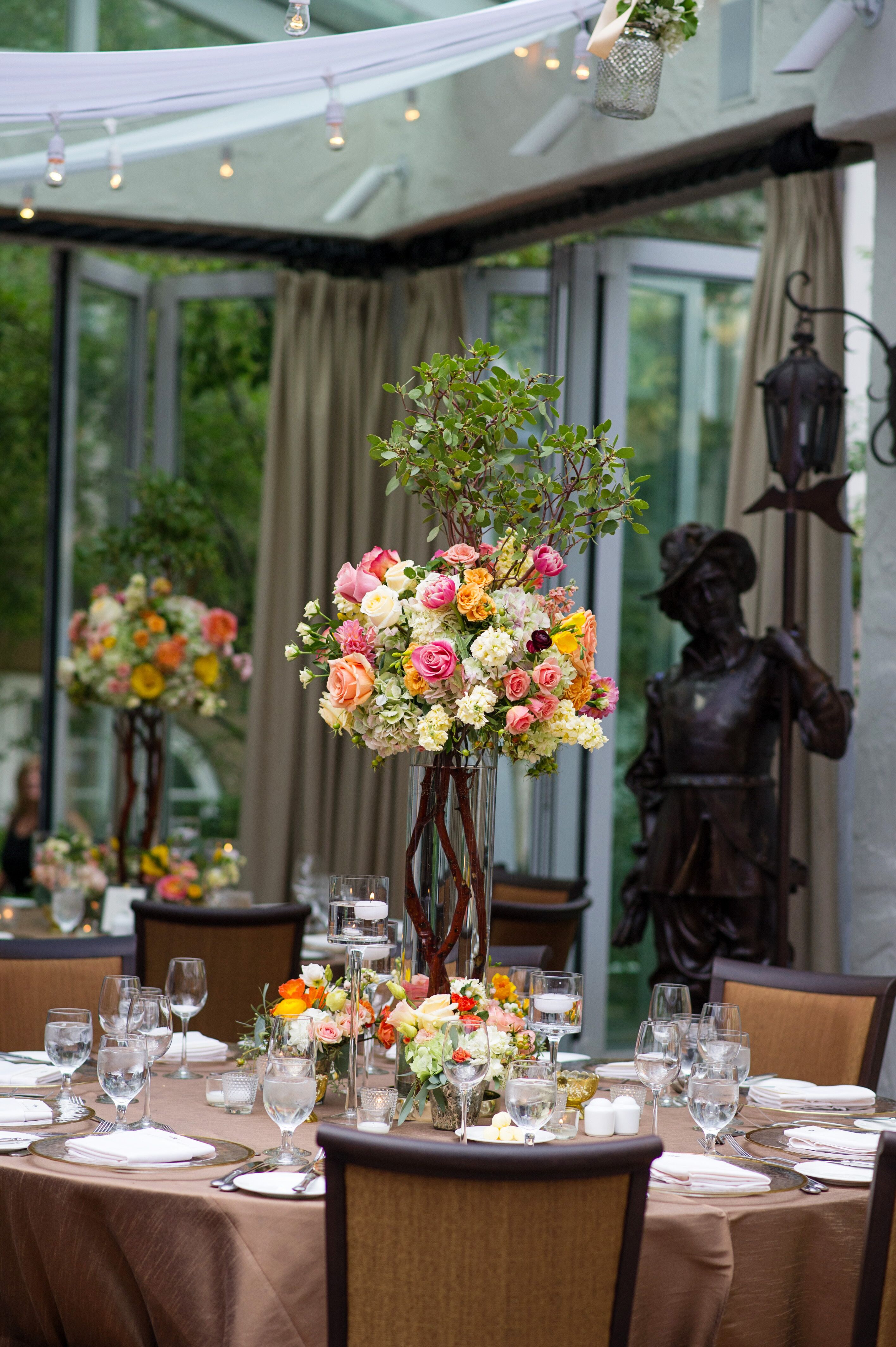 Garden-Inspired Tall Wood and Flower Centerpieces