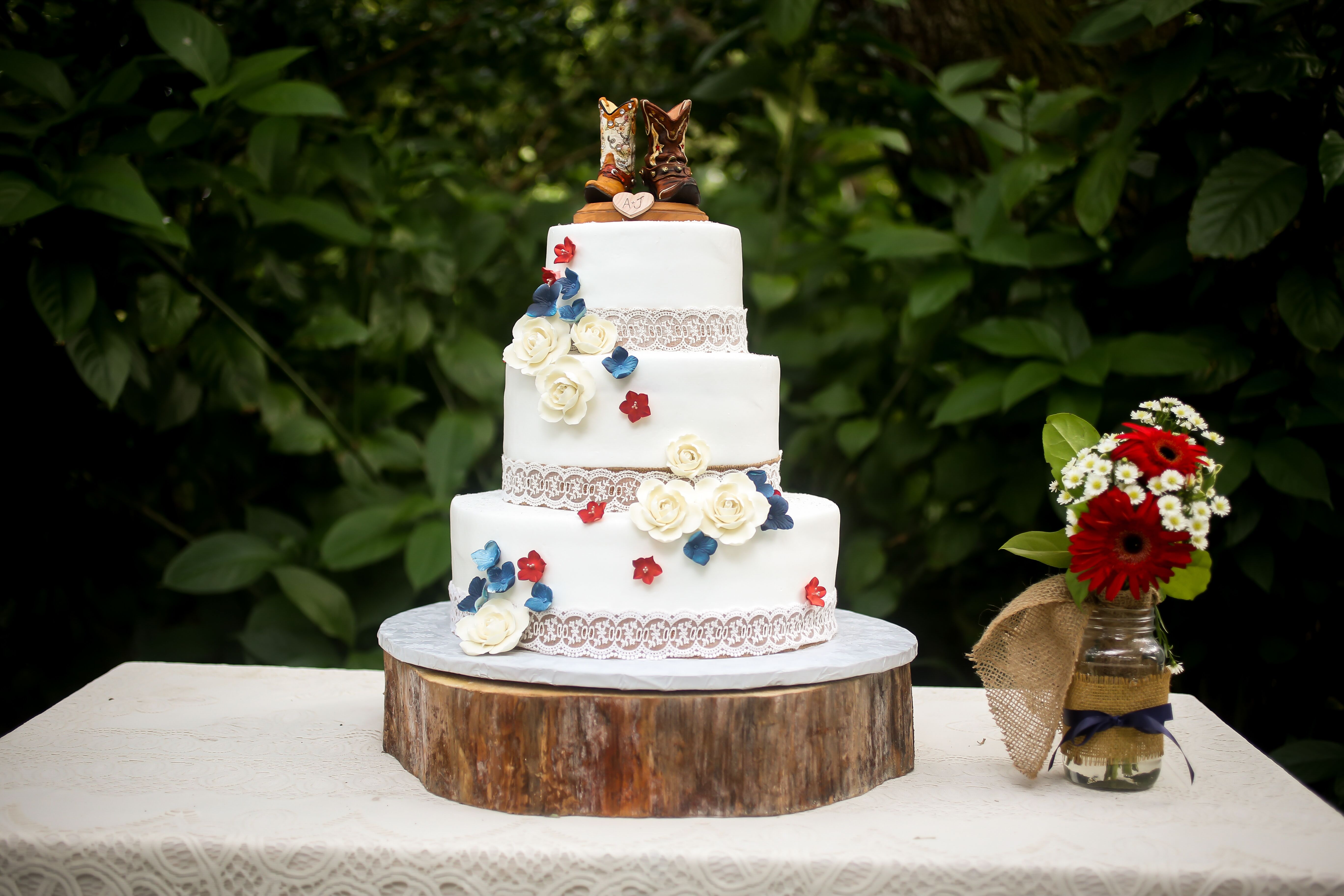 Red, White and Blue Flower Wedding Cake