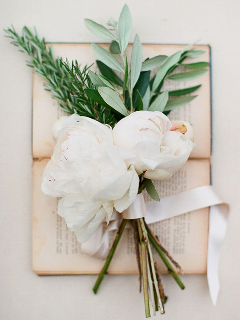 Rosemary, sage and peony wedding flowers