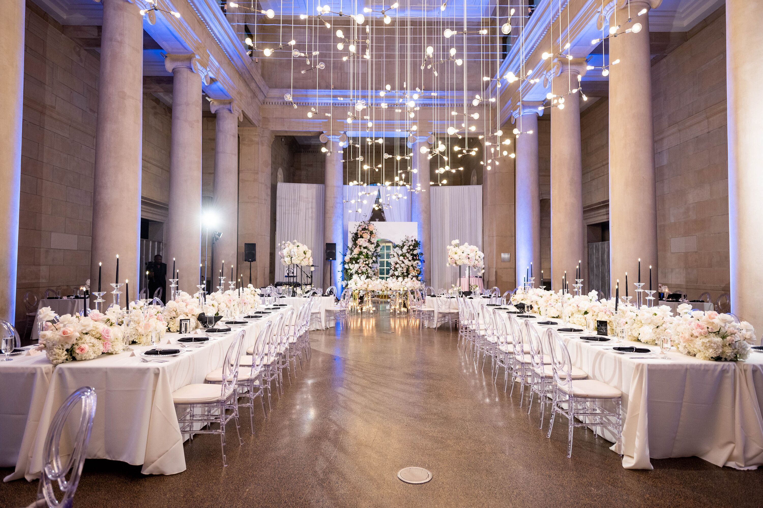 Reception Space in Art Museum, Long and Round Tables in White Under ...