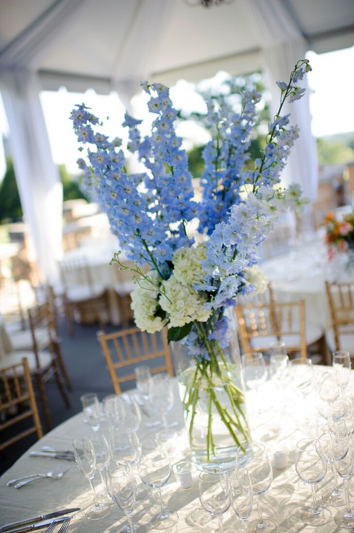 Tall Blue and White Hydrangea Centerpieces in Mint Julep Jars
