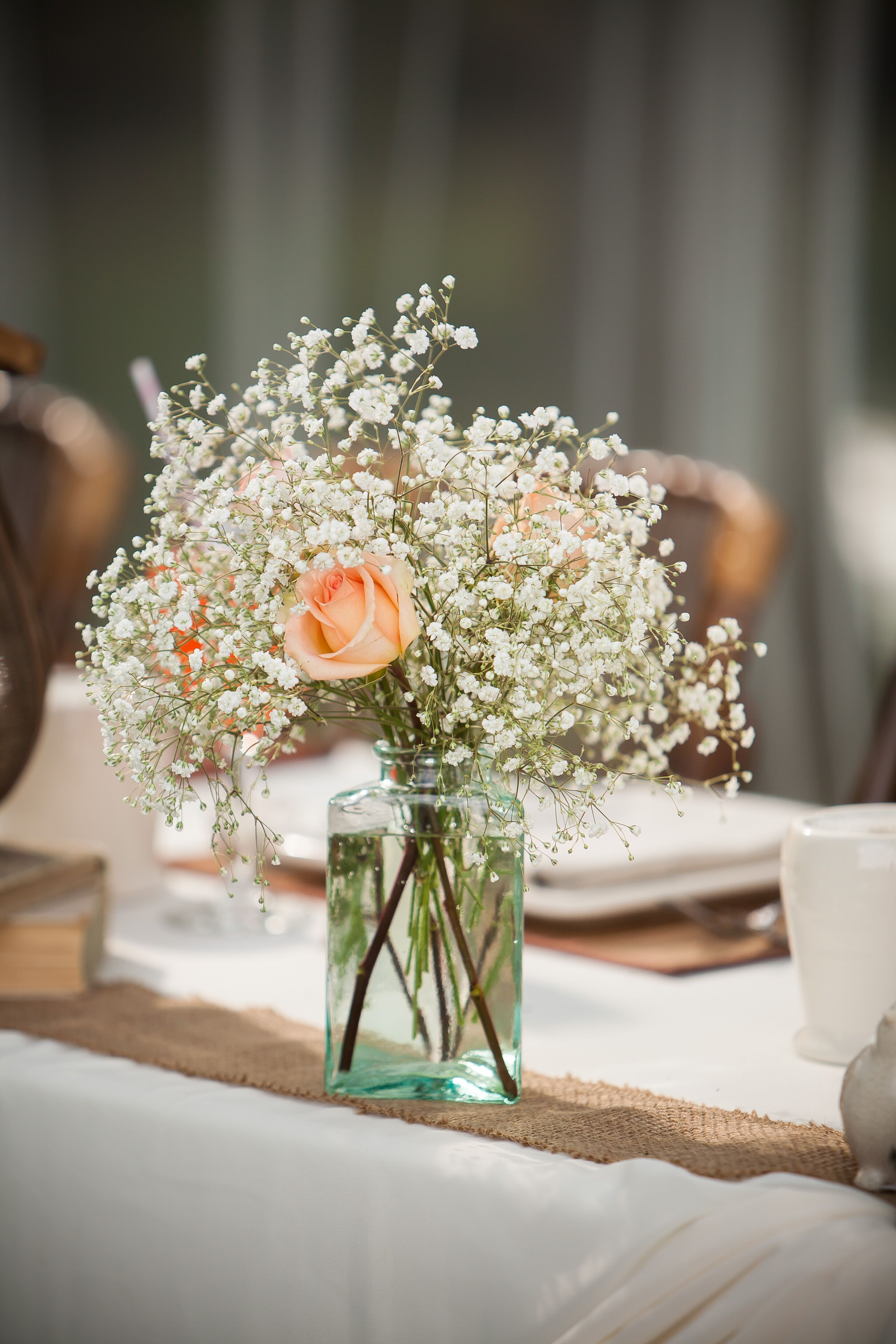 Peach Rose and Baby s Breath Centerpiece