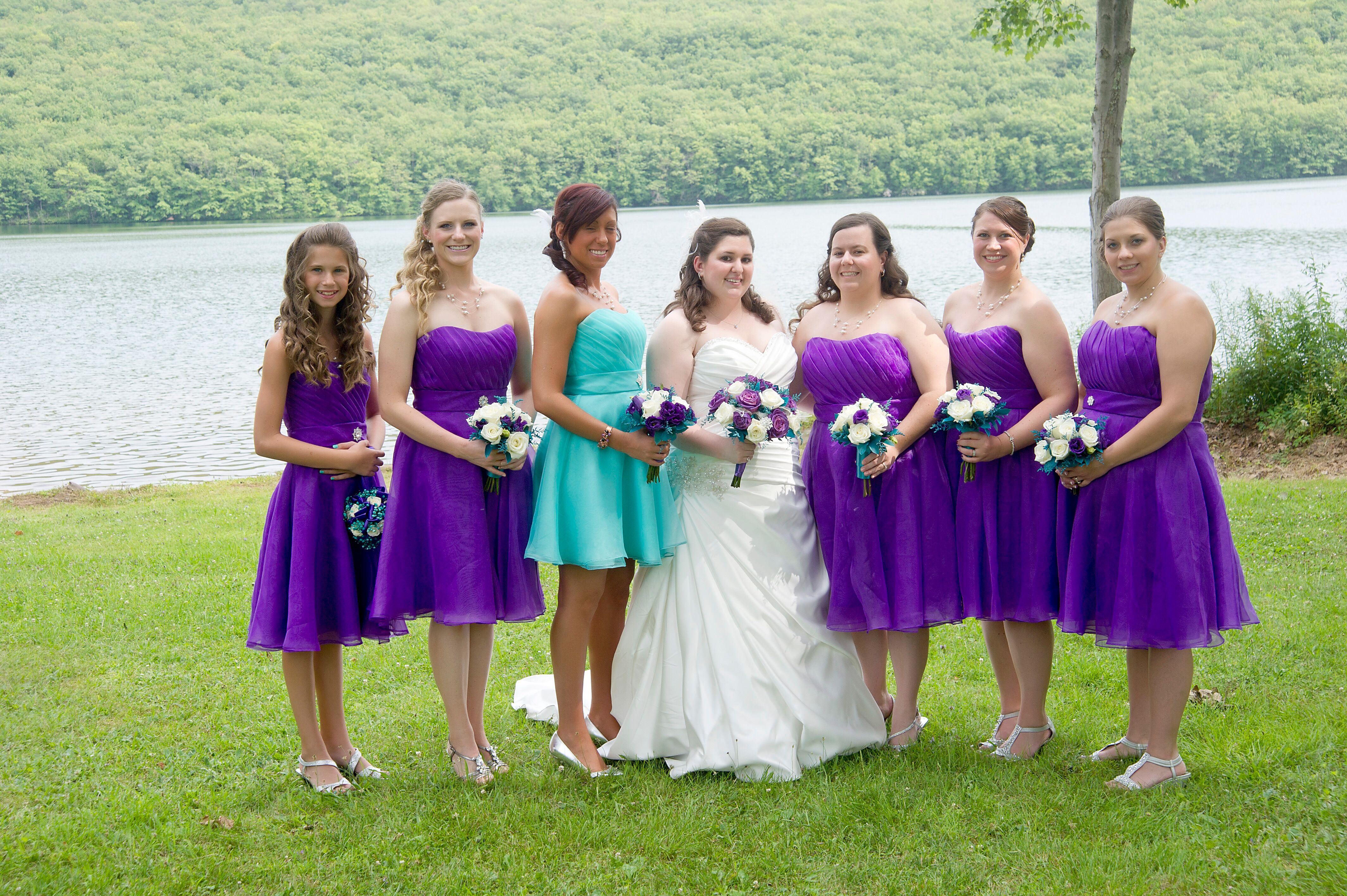 Bridesmaids in Purple Maid of Honor in Turquoise Bride in a