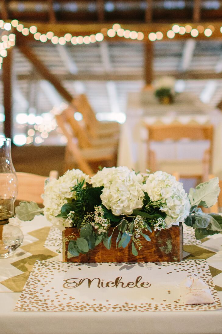 Ivory Hydrangeas in Wood Box Centerpiece