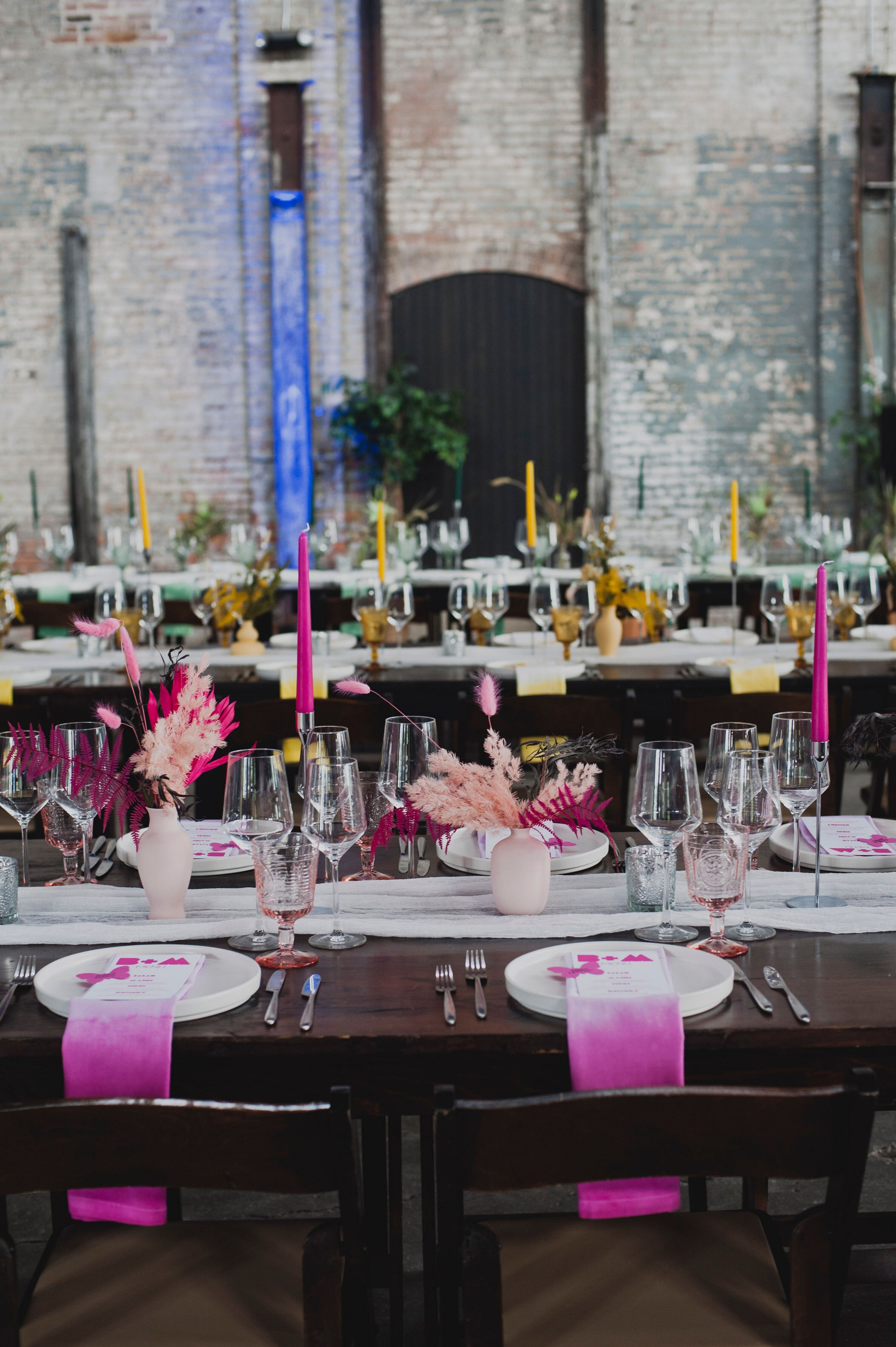 Long Tables With Color Themes on Each, Pink, Yellow, Green in ...
