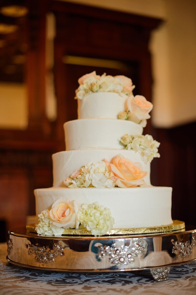 Four-Tier Wedding Cake with Pink Flowers