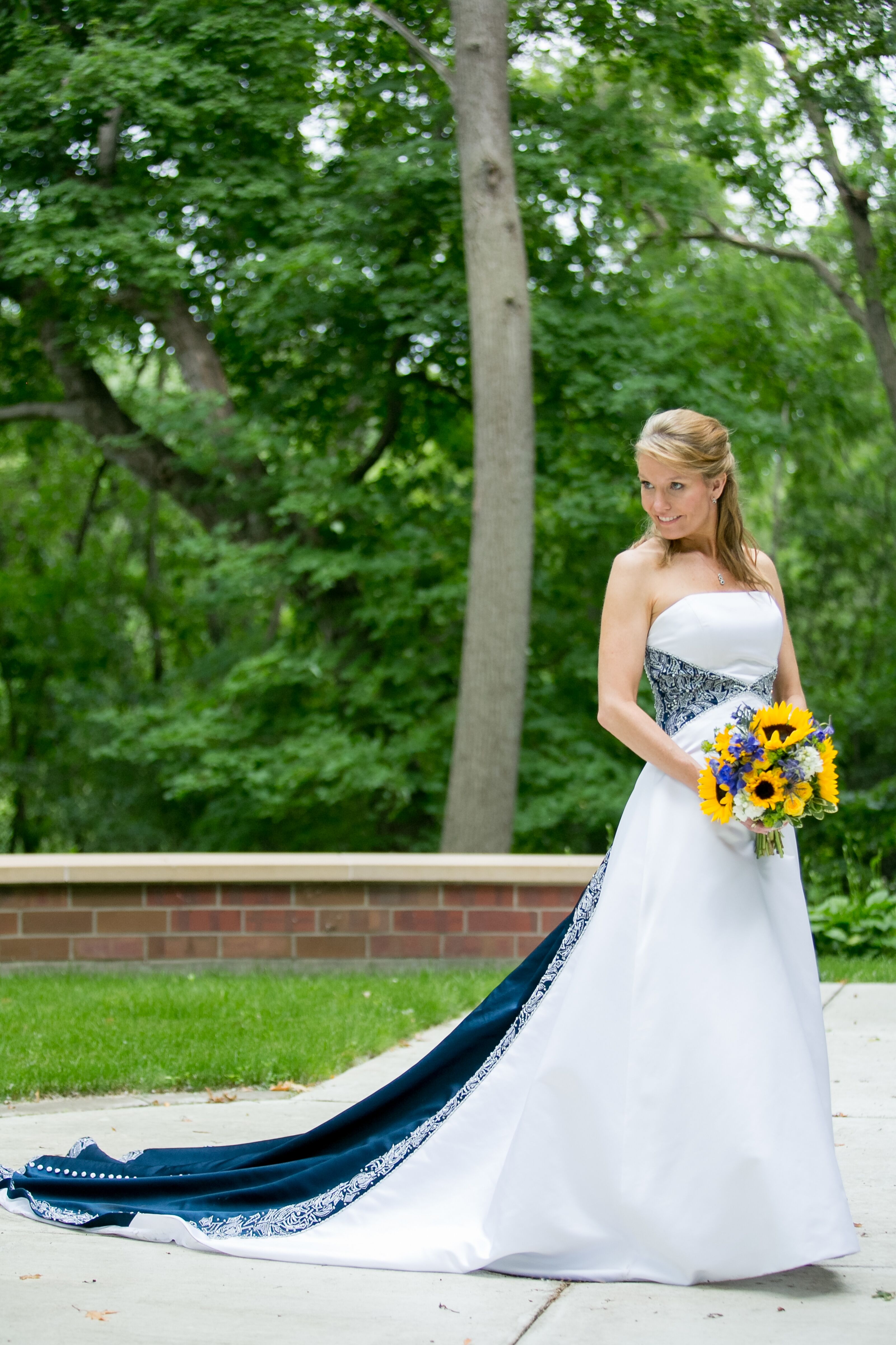 Bride in a Nontraditional White and Navy Wedding Dress