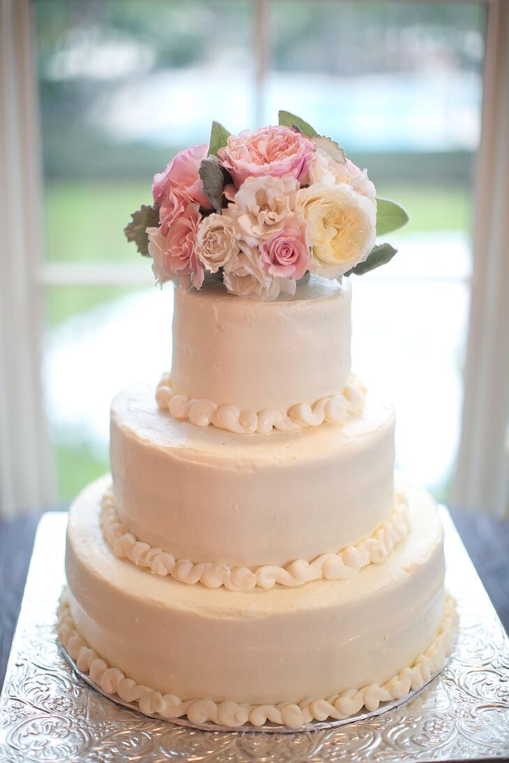 Three-Tier White Wedding Cake with Roses