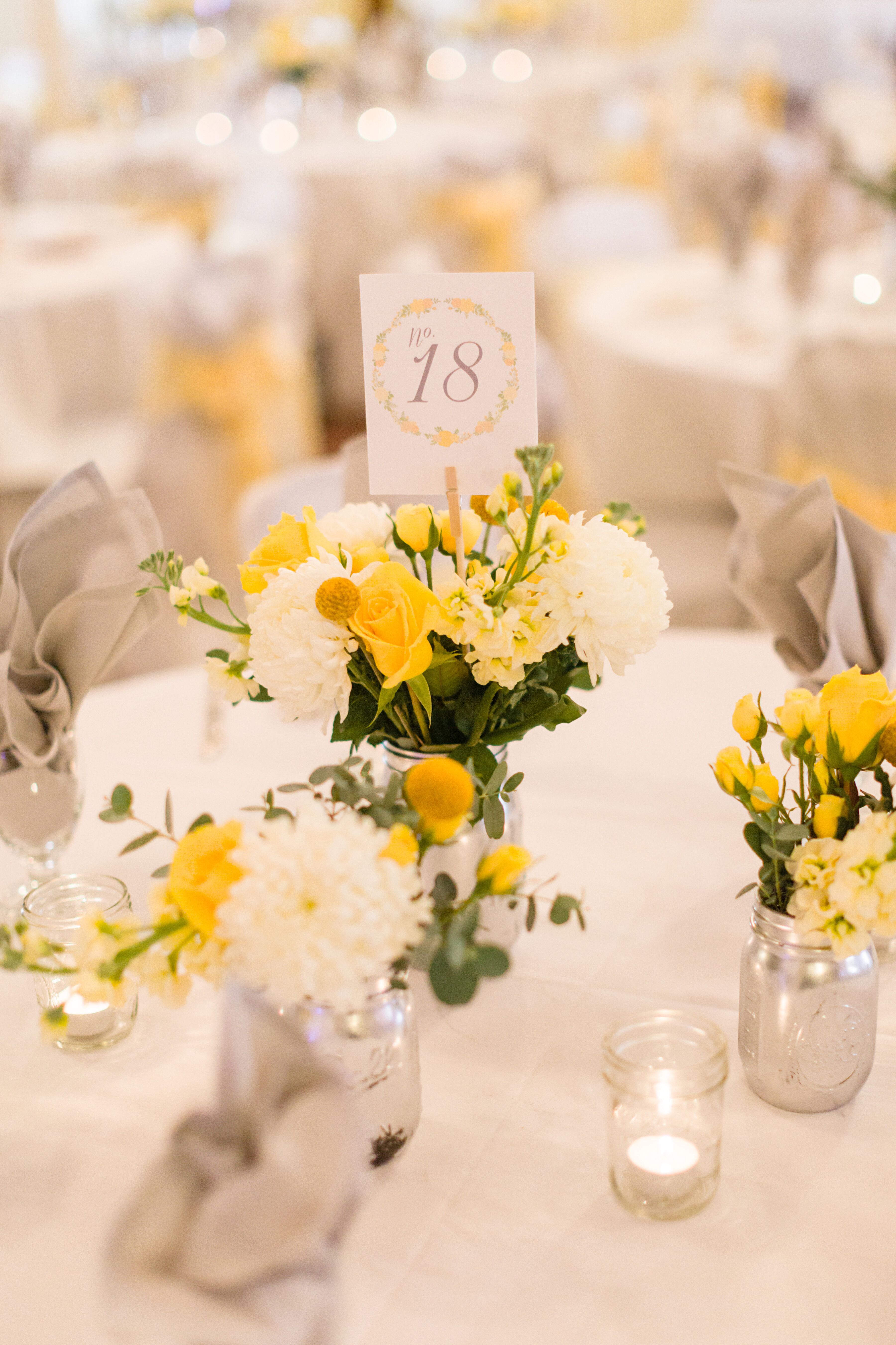 Yellow and White Centerpiece with Mums and Craspedia