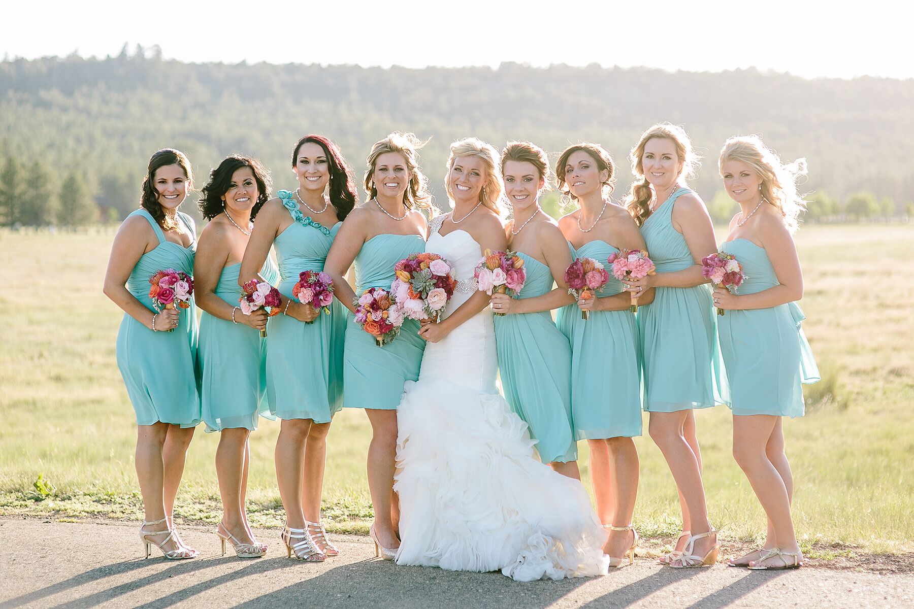 turquoise and pink wedding dress