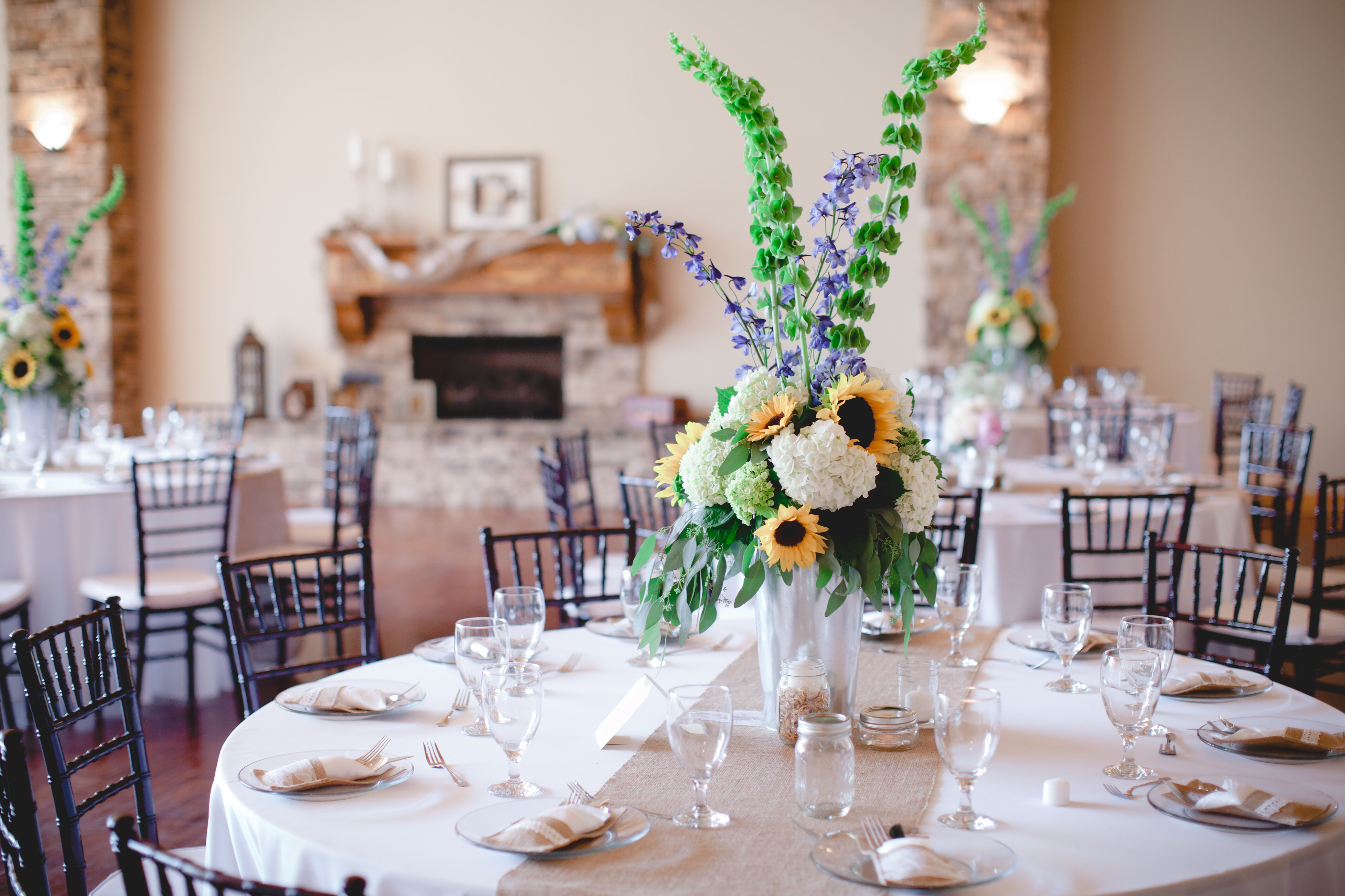 Sunflower, Hydrangea and Bells of Ireland Centerpiece
