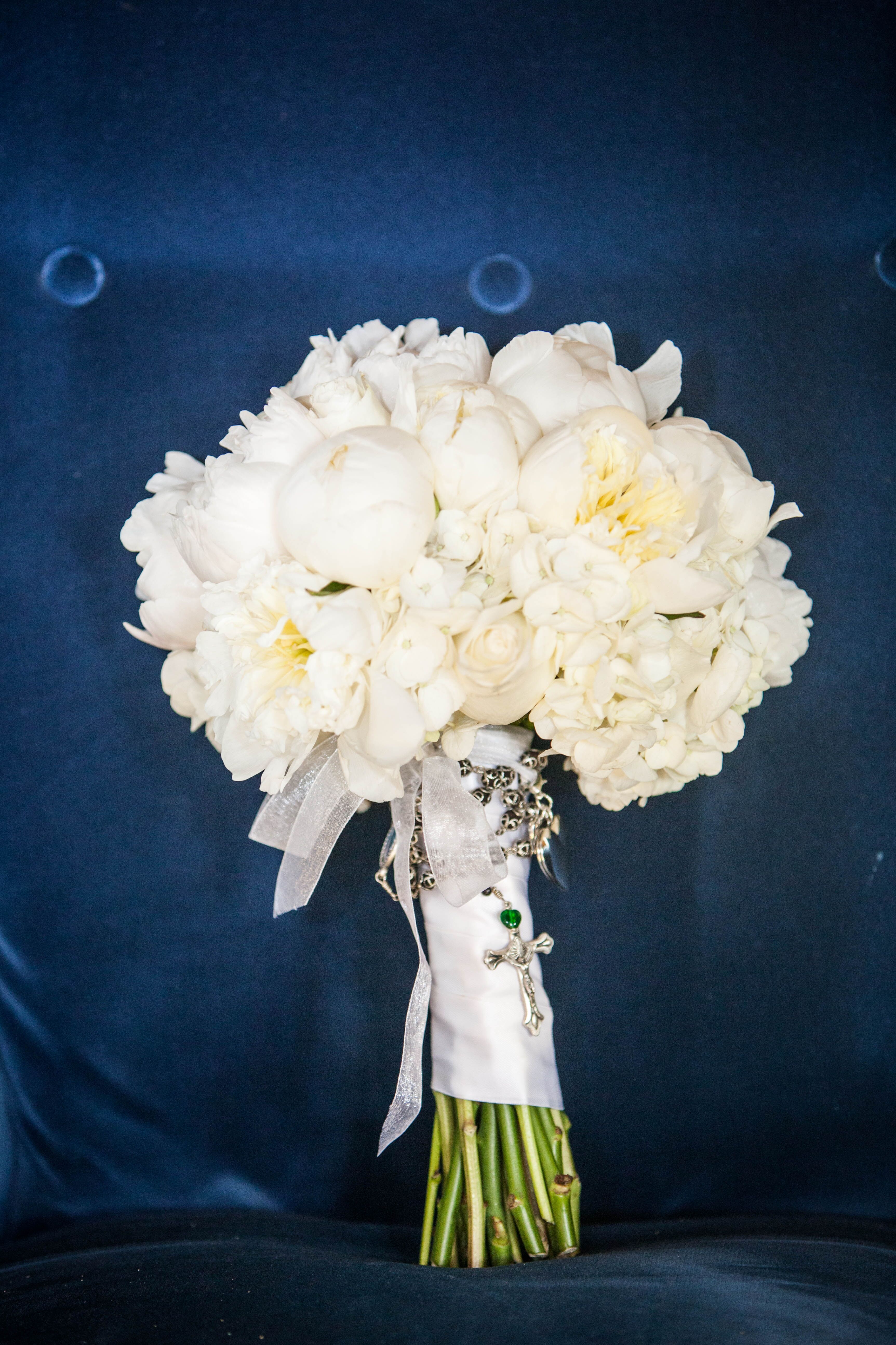 All-White Rosary-Wrapped Bridal Bouquet