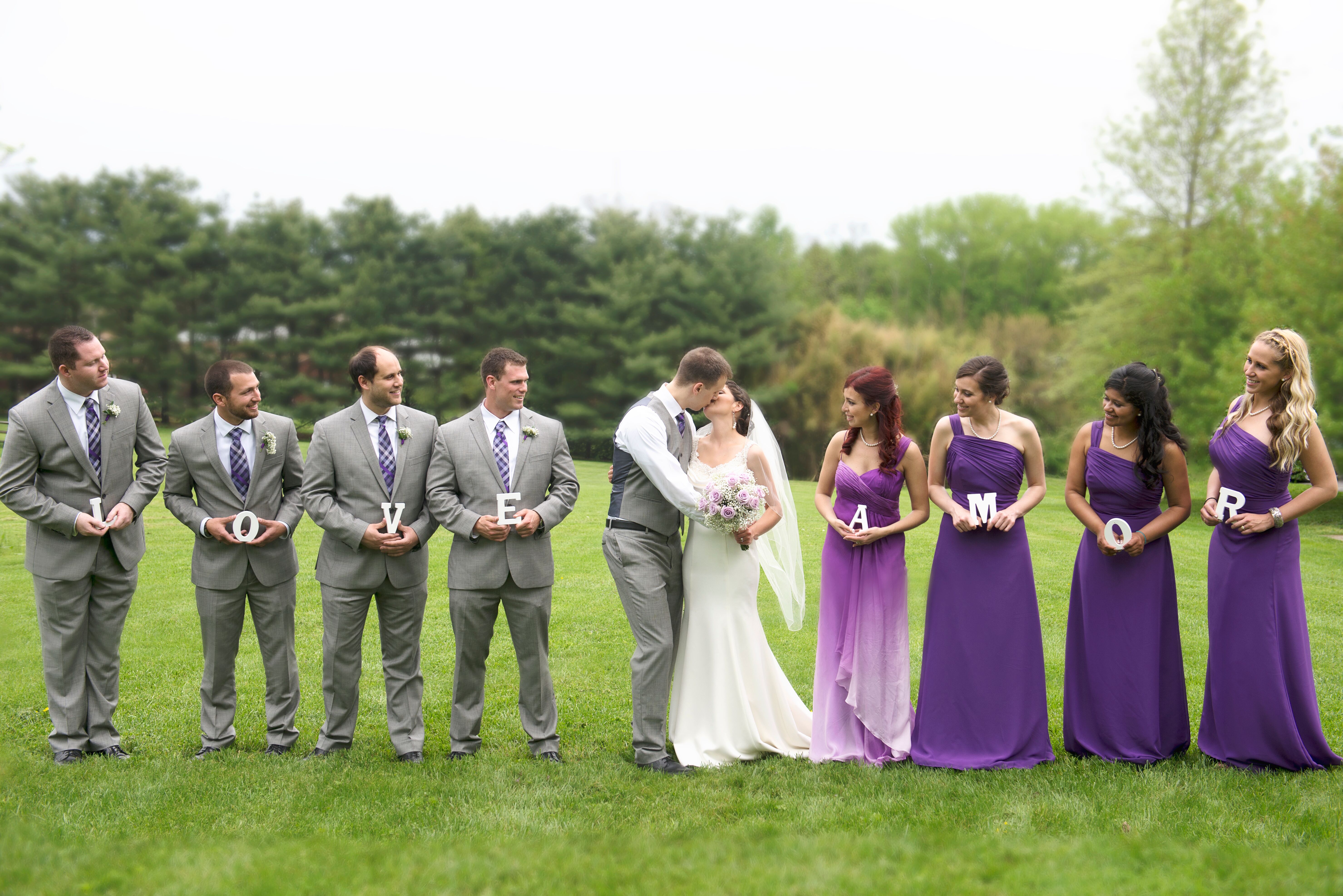 Purple Bridesmaid Dresses And Gray Suits 5