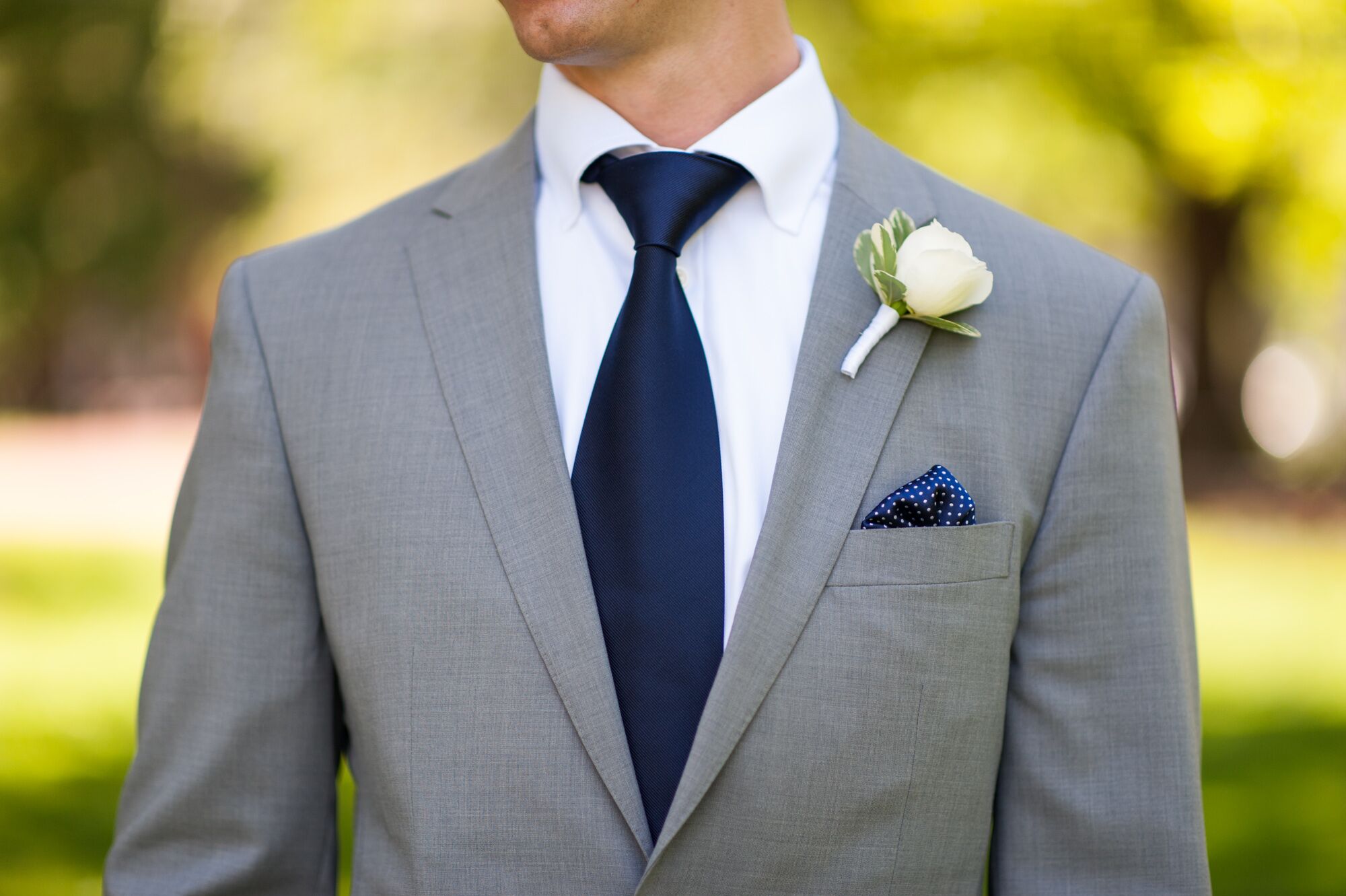 Gray Groom Suit with Navy Tie and Navy Pocket Square