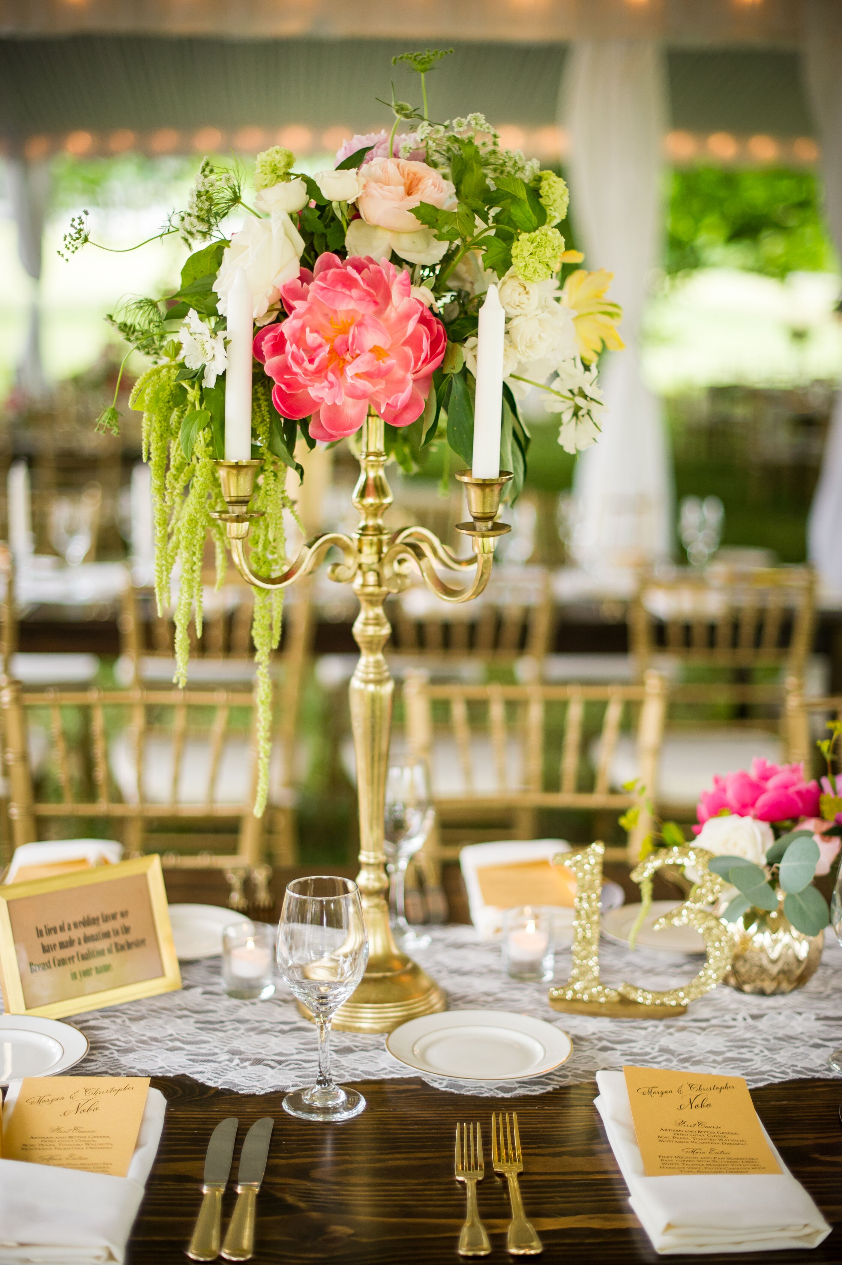 Gold Candelabra Centerpiece with Pink Peonies