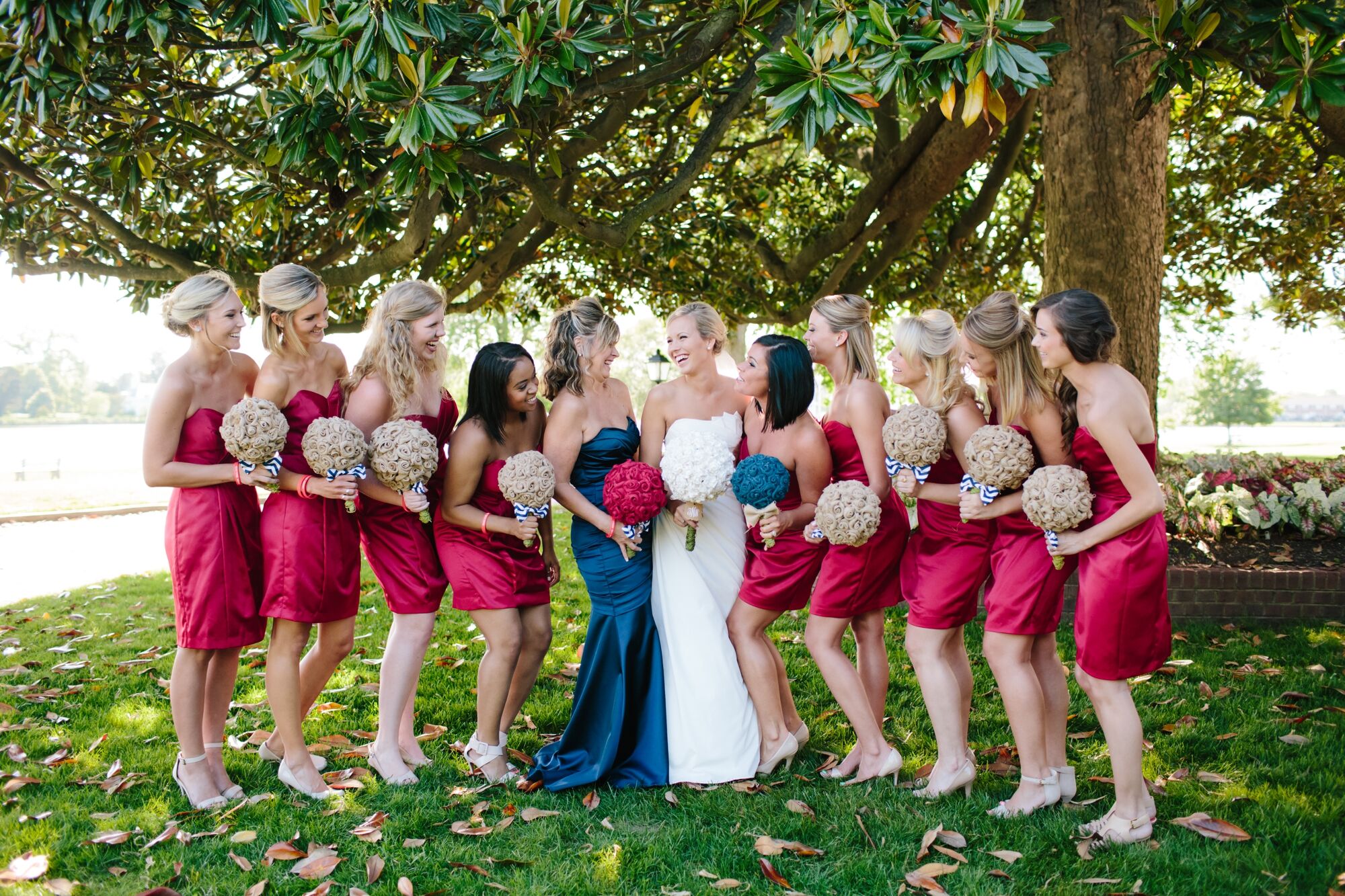 Bridesmaids in red clearance dresses