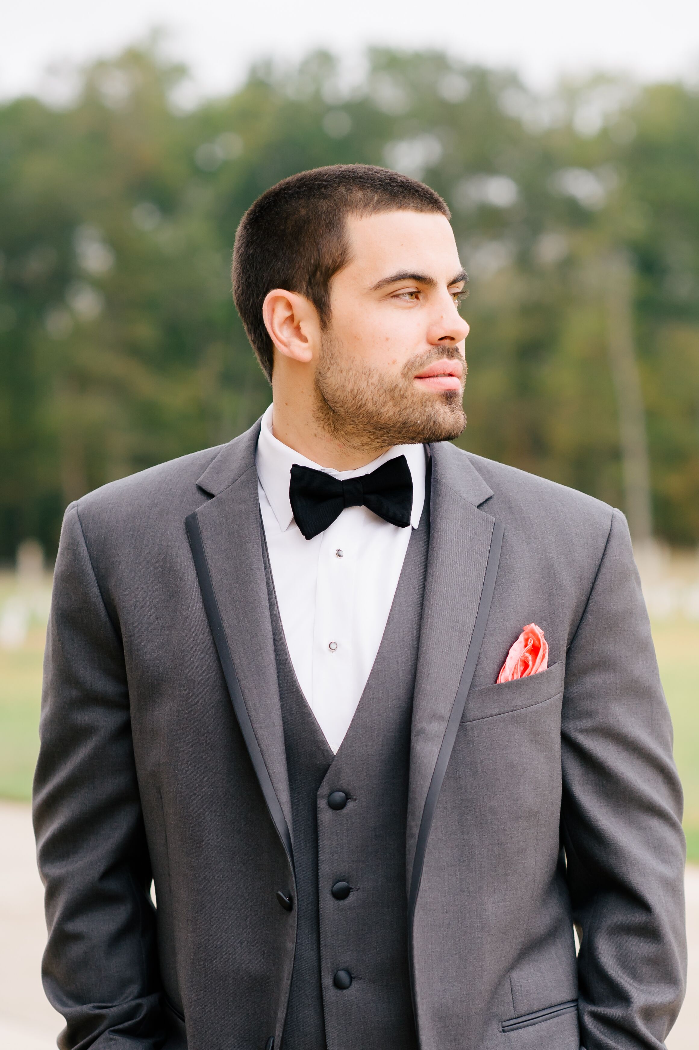 Classic Gray Suit With Black Bow Tie