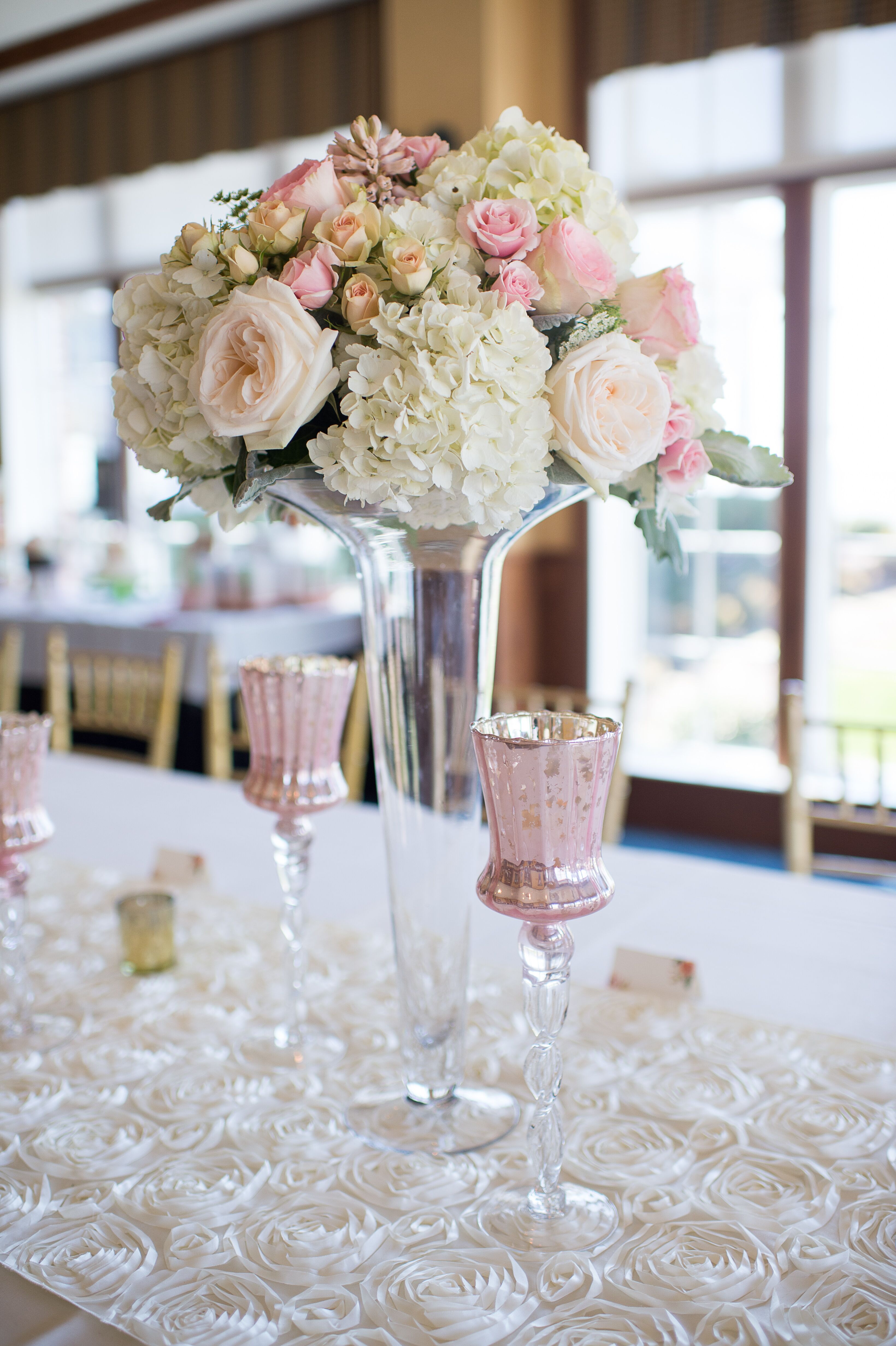 Tall Glass Vases with Spring Bouquets of Roses and 