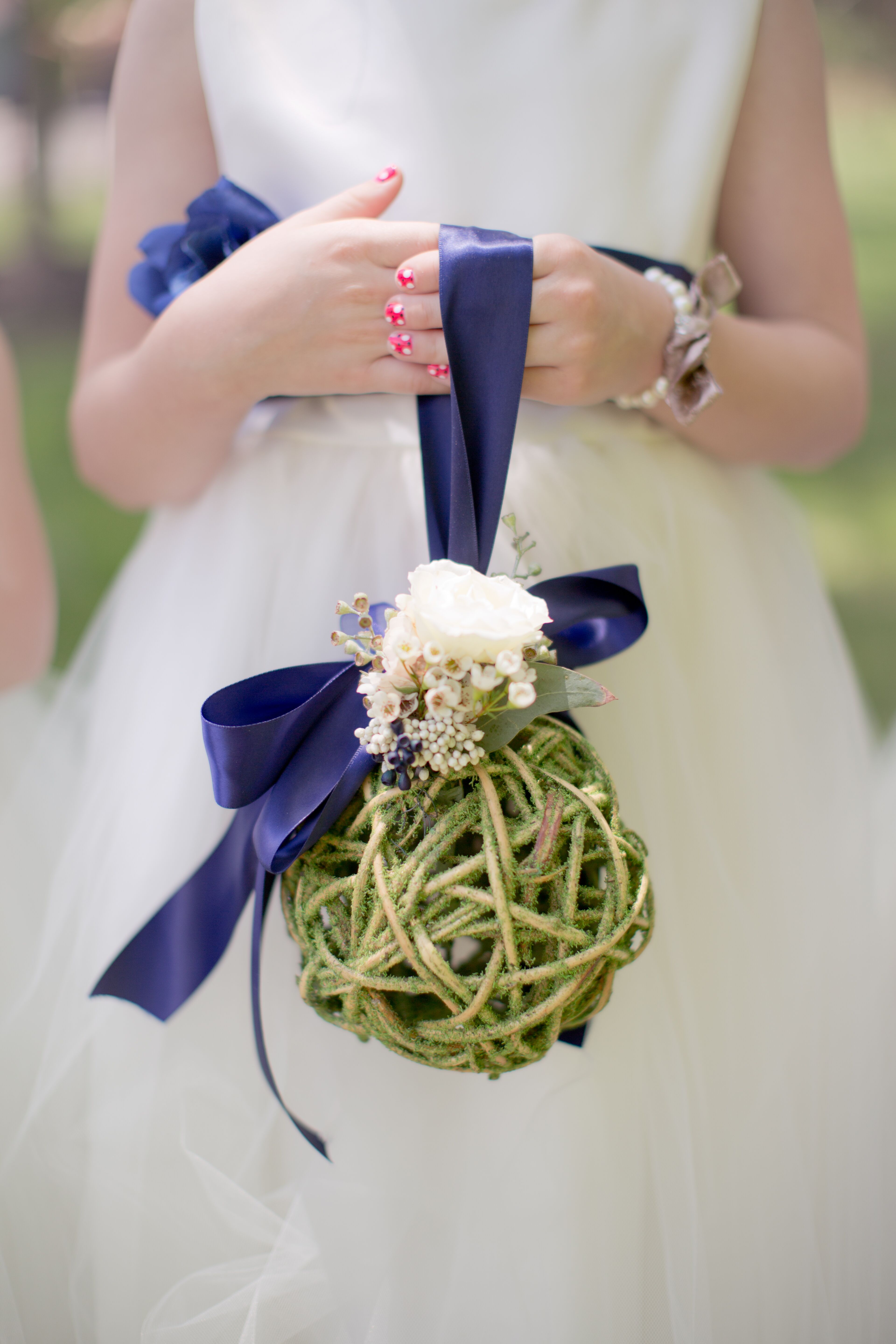 Green Pomander With Navy Ribbon