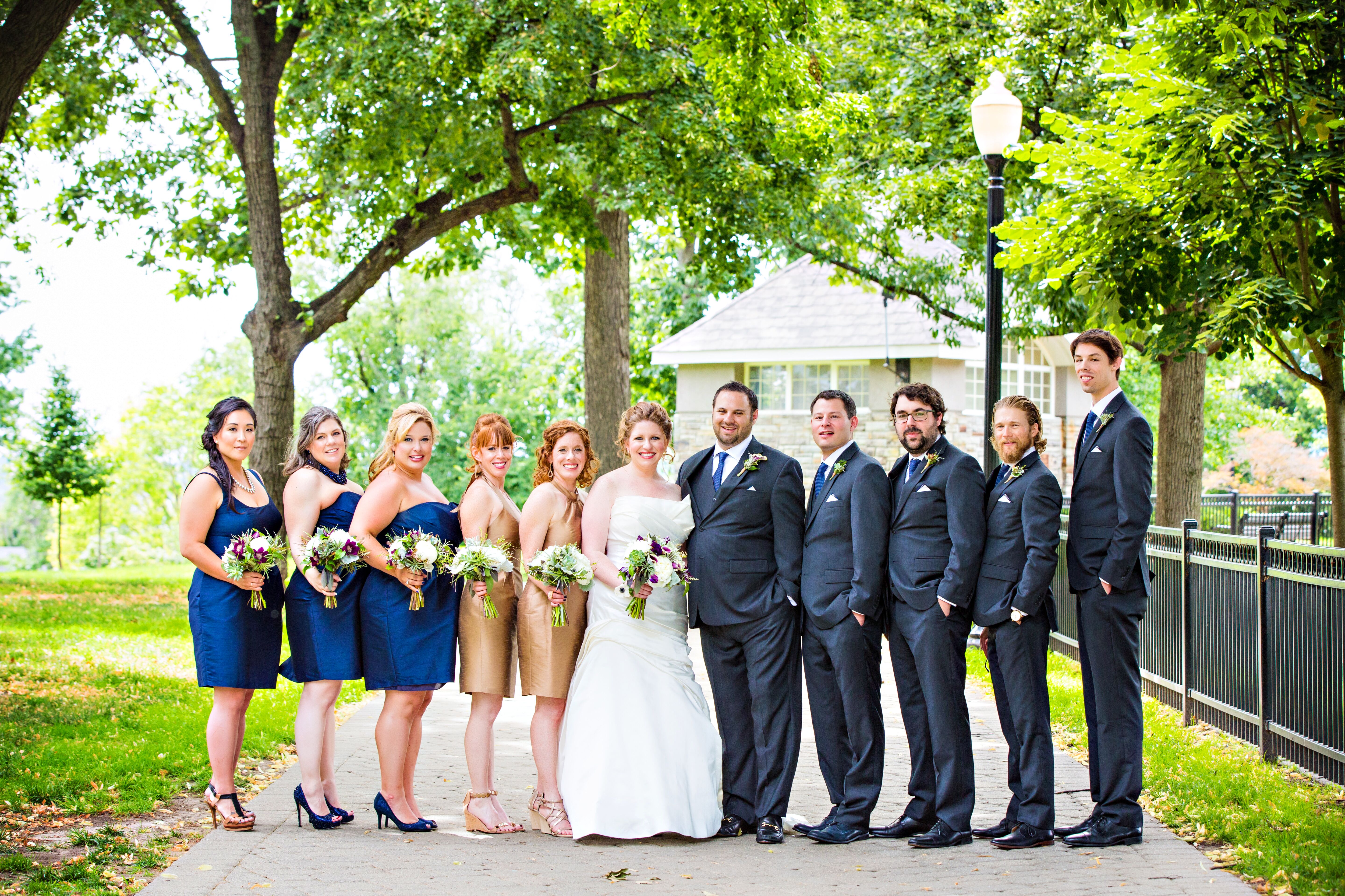 blue suits and blue bridesmaid dresses