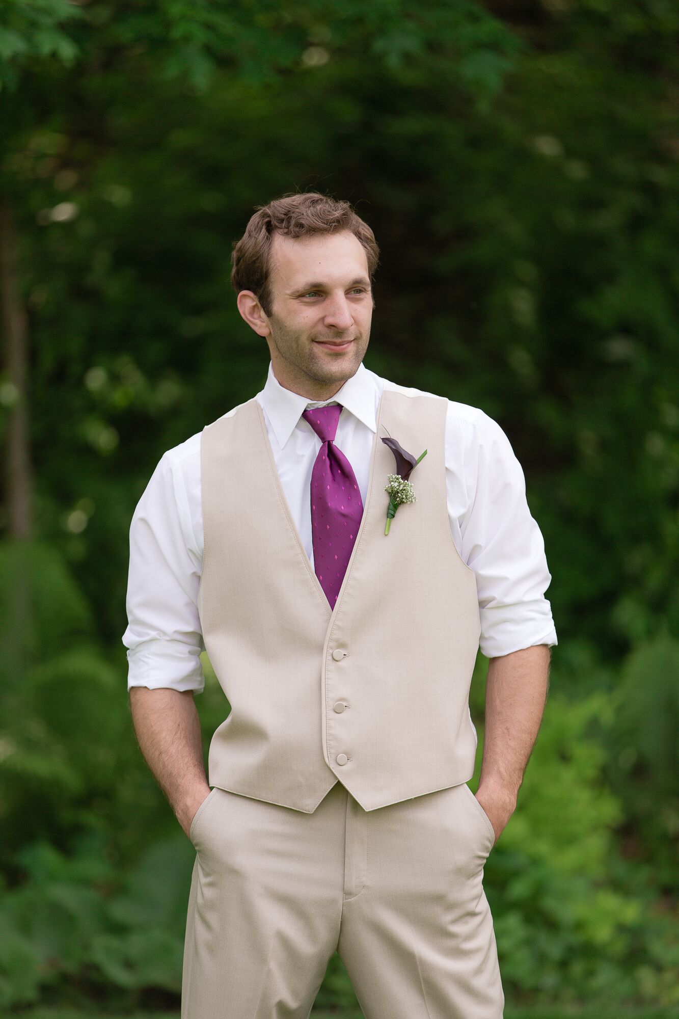 Groom in Khaki with Plum Tie and Boutonniere