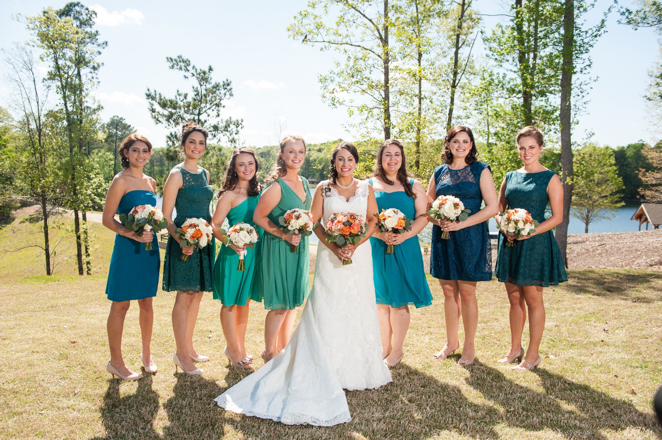 blue and green bridesmaid dresses