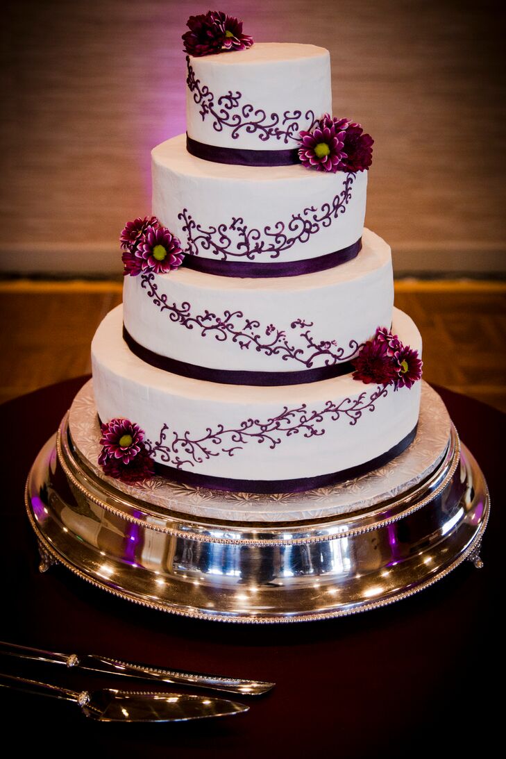 Ivory Wedding  Cake  with Purple  Flowers