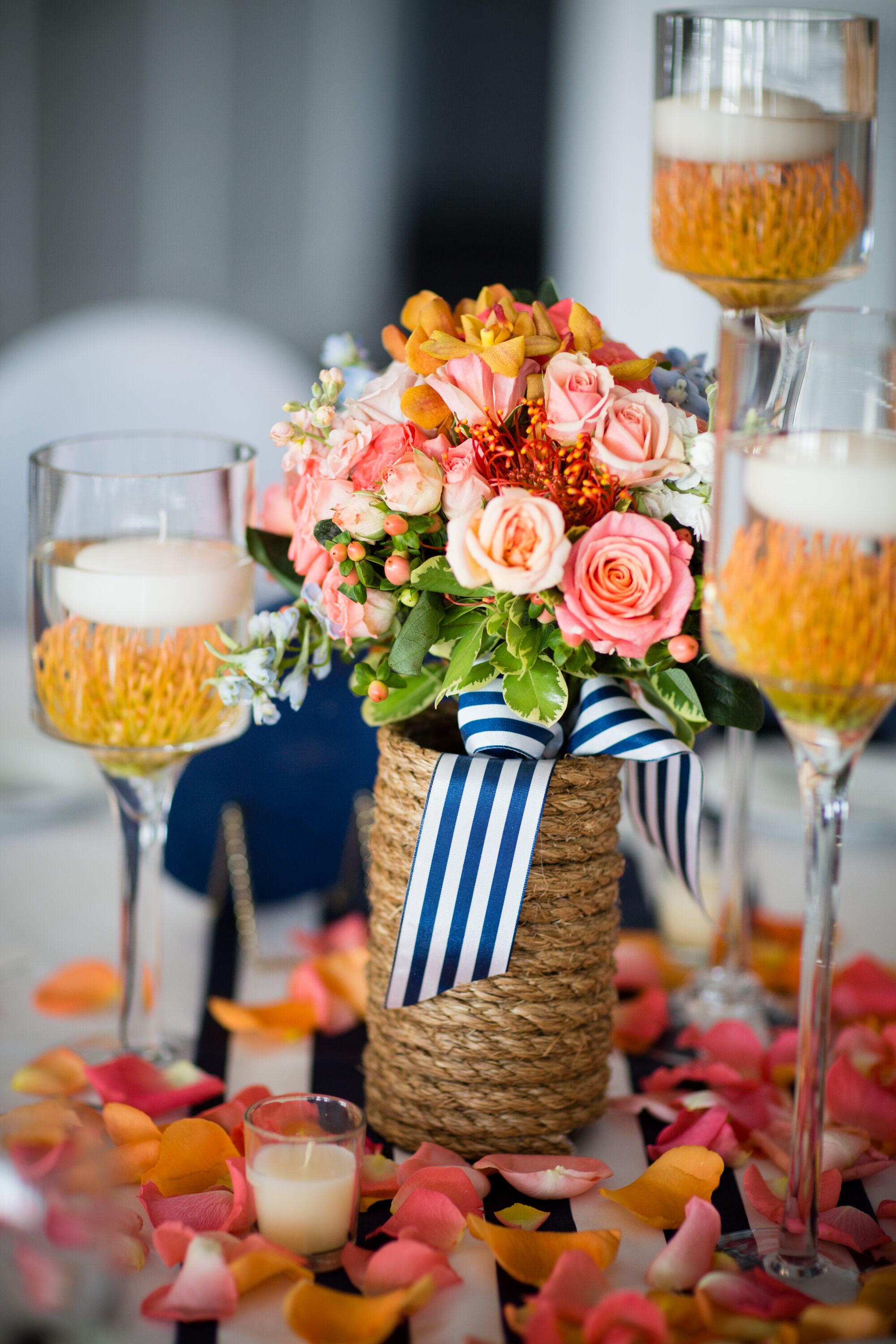 Bright Rose and Protea Centerpieces with Rope