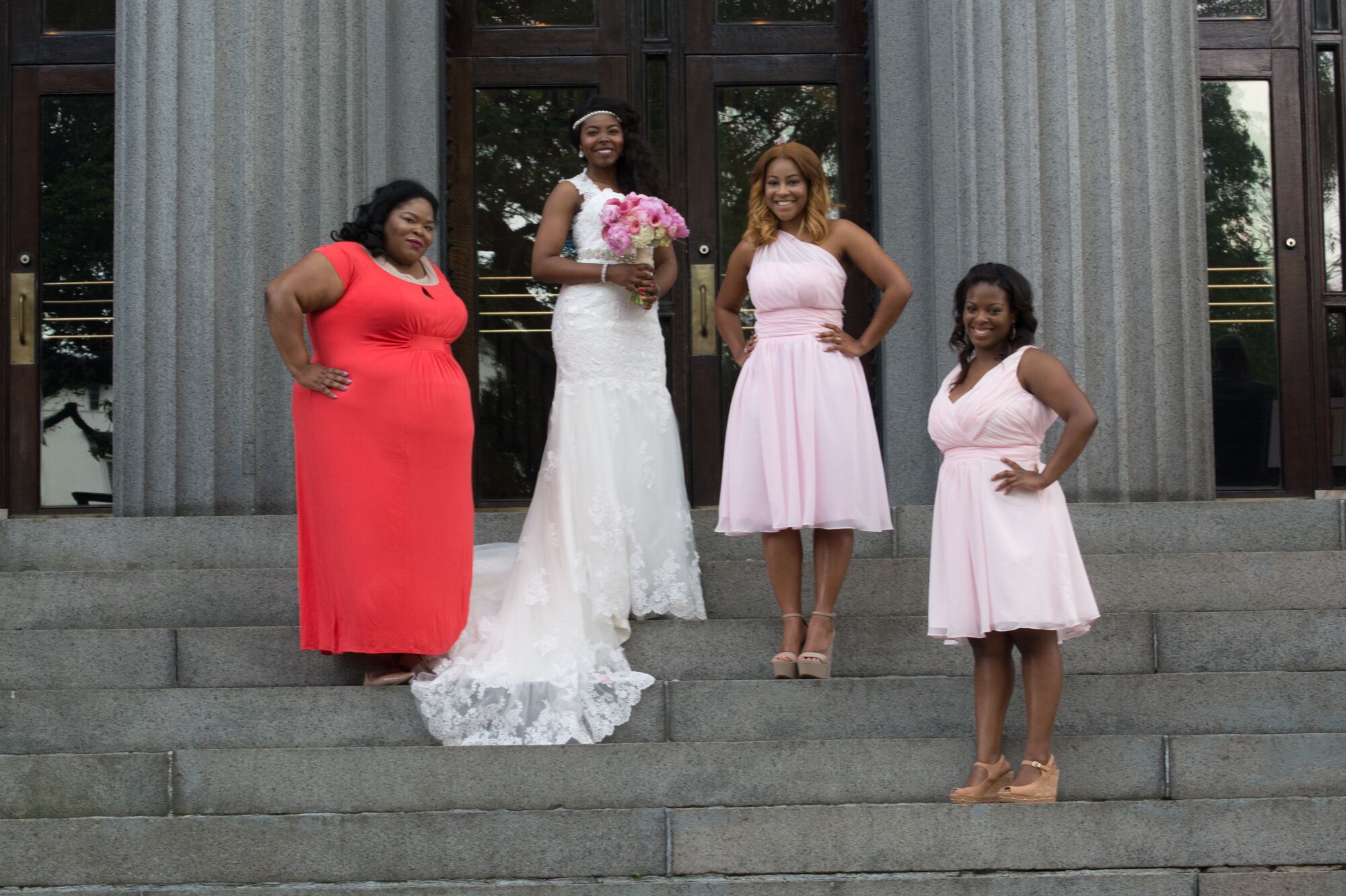 pink and red bridesmaid dresses