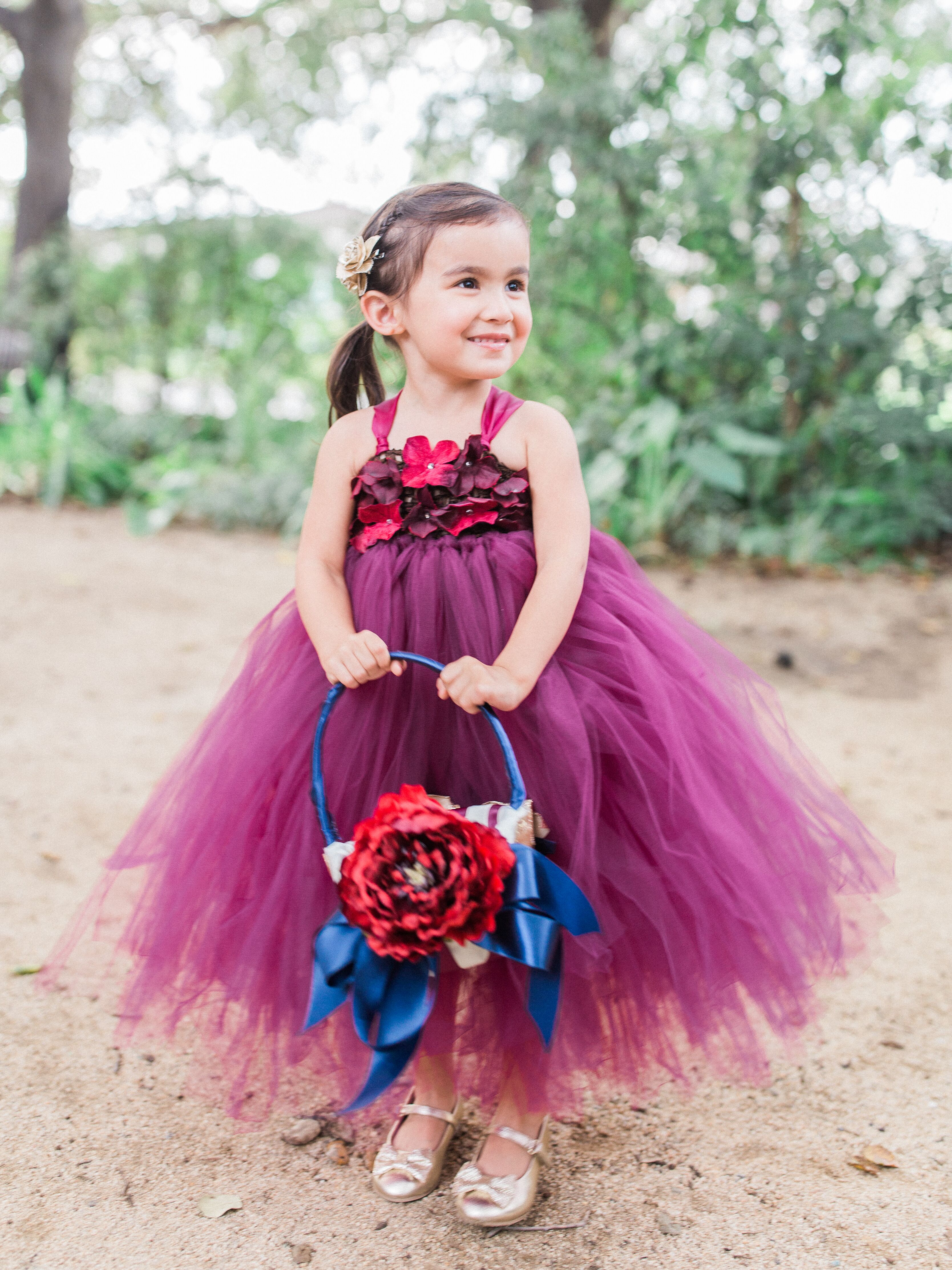 Whimsical Wine Tulle Flower Girl Dress with Floral Top