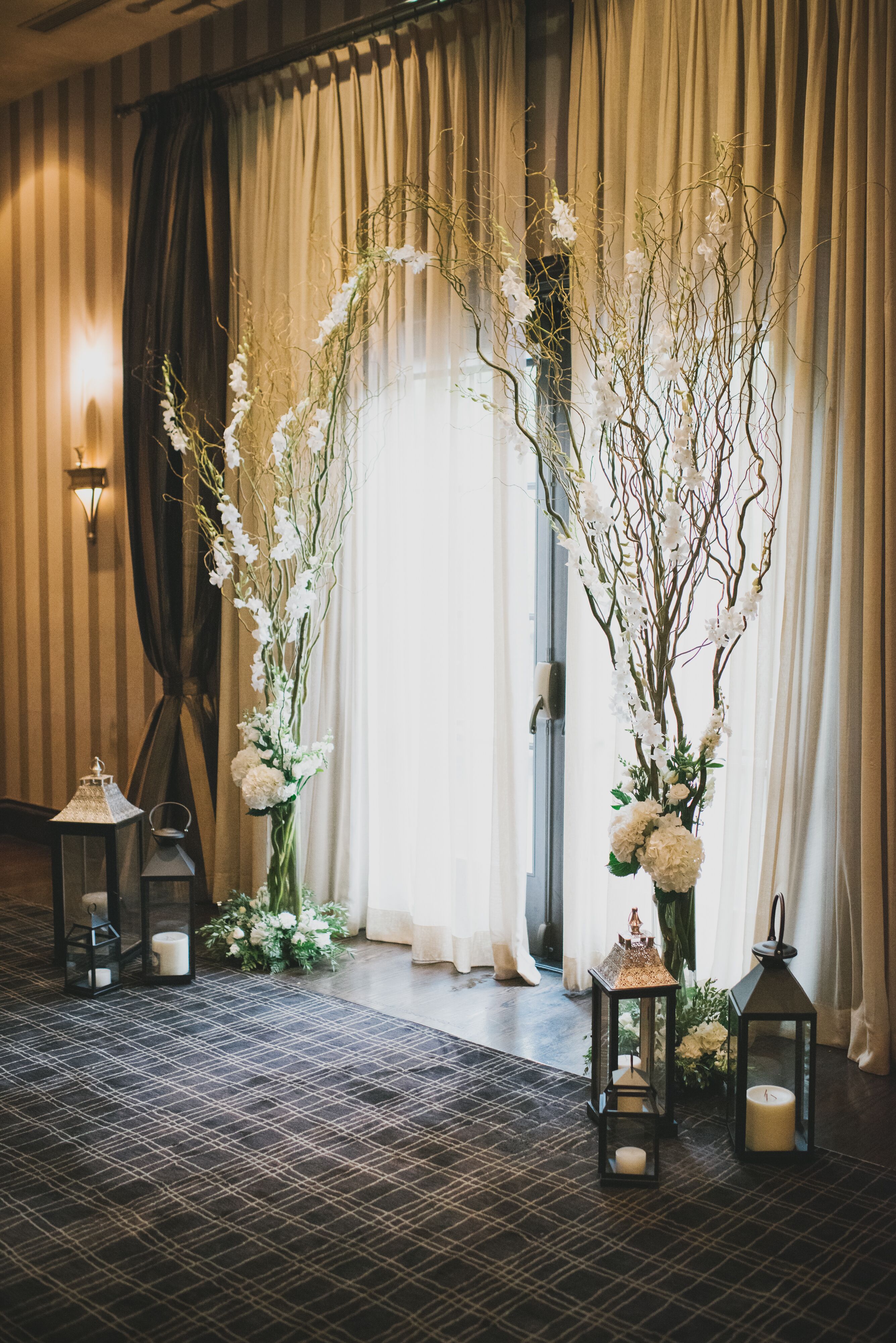 Willow Branch, Orchid, Hydrangea and Lantern Altar Decorations