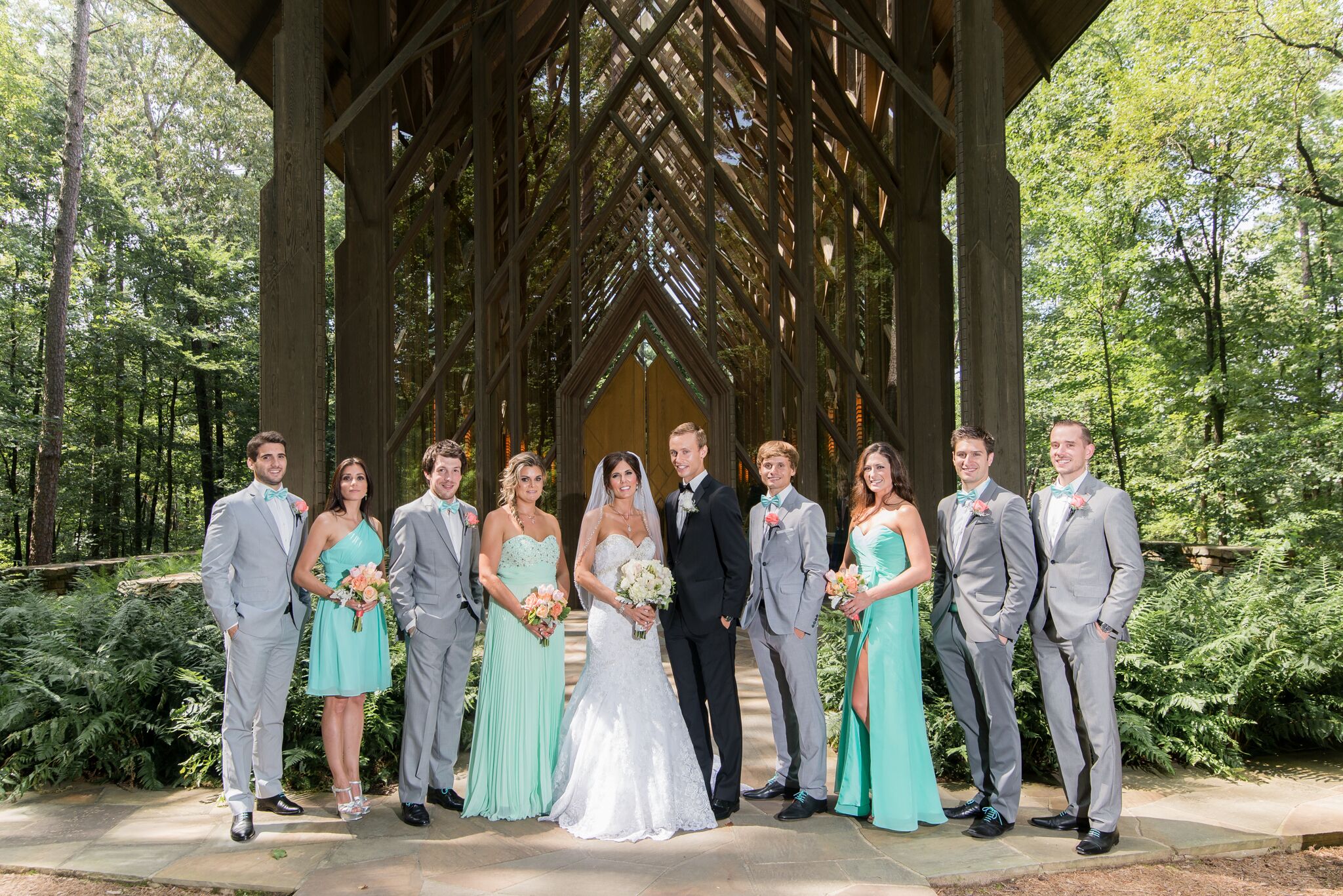 Mint Bridesmaid Dresses and Gray Groomsmen Suits