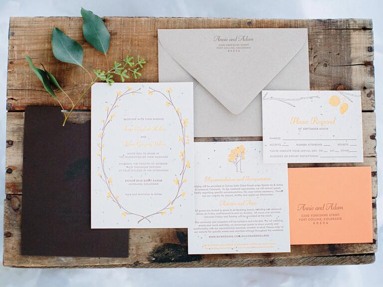 Peach and gray wedding invitation suite
