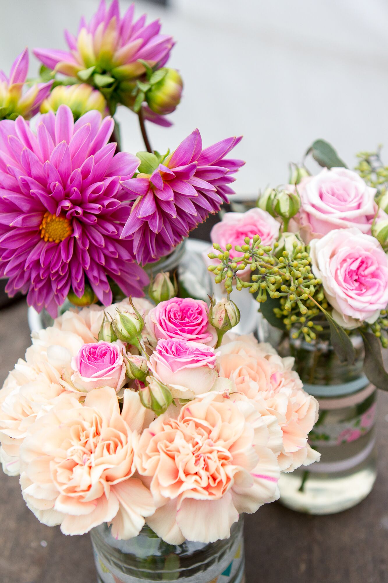 Pink and Peach Flower Arrangements with Dahlias, Carnations and Roses