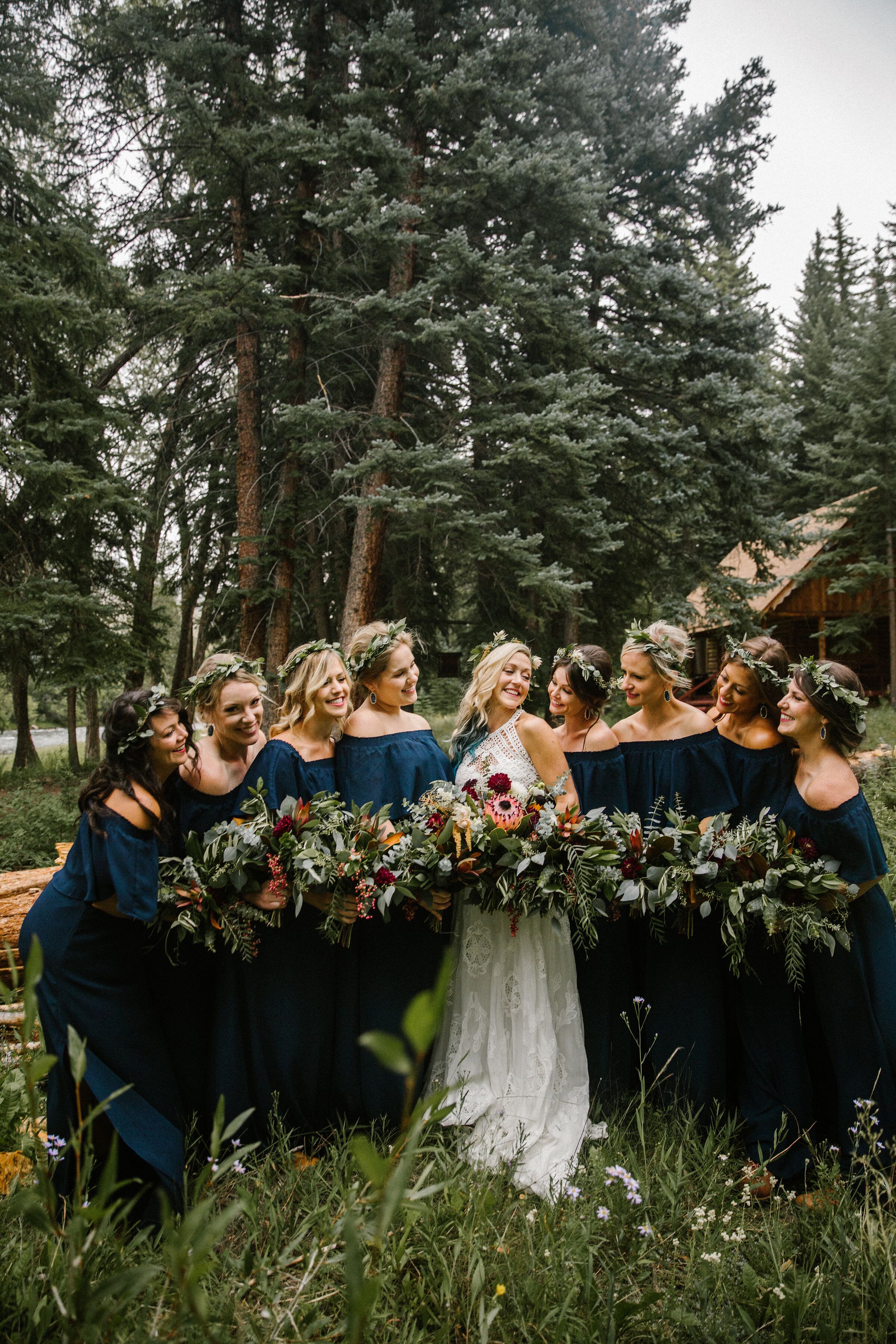 Bridesmaids with Flower Crowns and Blue Off-Shoulder Dresses